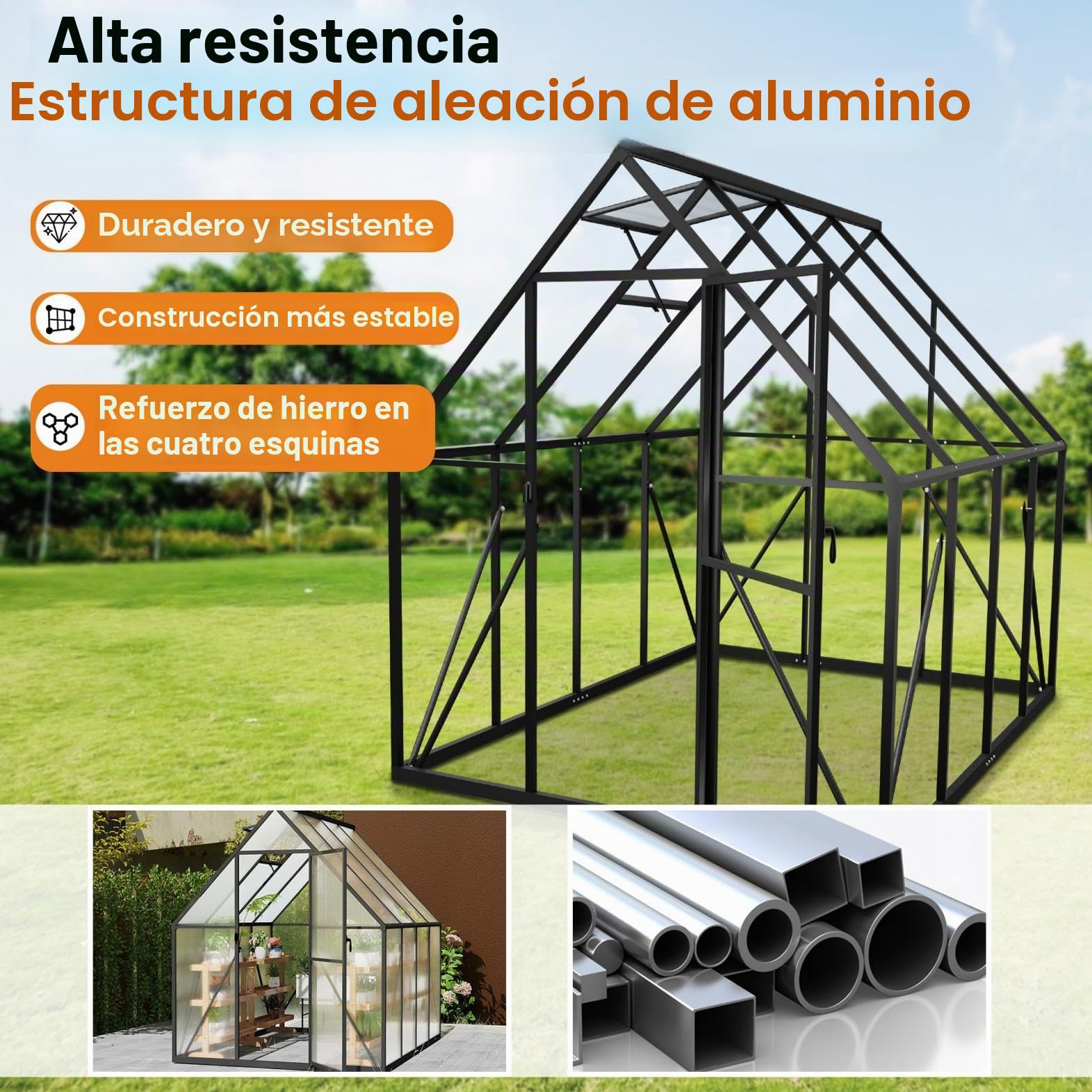 YRHome Jardín de invernadero de aluminio 230 x 180 x 195 cm 4,14 m² con cimientos reforzados, claraboya y puerta, resistente a la intemperie y resistente a la temperatura para tomates, verduras y