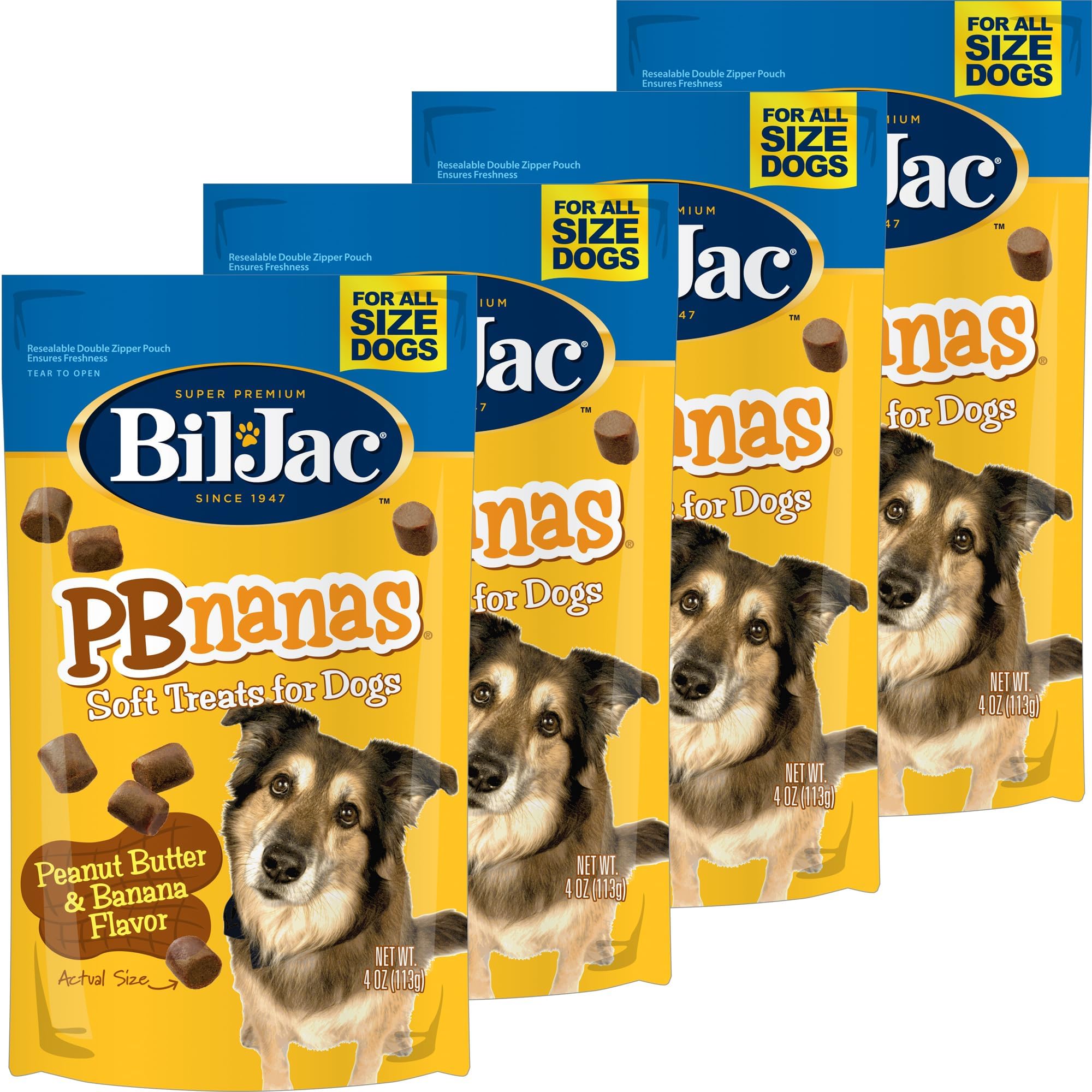 Bil-Jac PB-Nanas | The Soft Treat Dogs Can't Stop Begging for | Real Chicken First Ingredient, Peanut Butter & Banana Flavor, Low-Cal Training Rewards for All Breed Sizes | 4 oz (4-Pack)