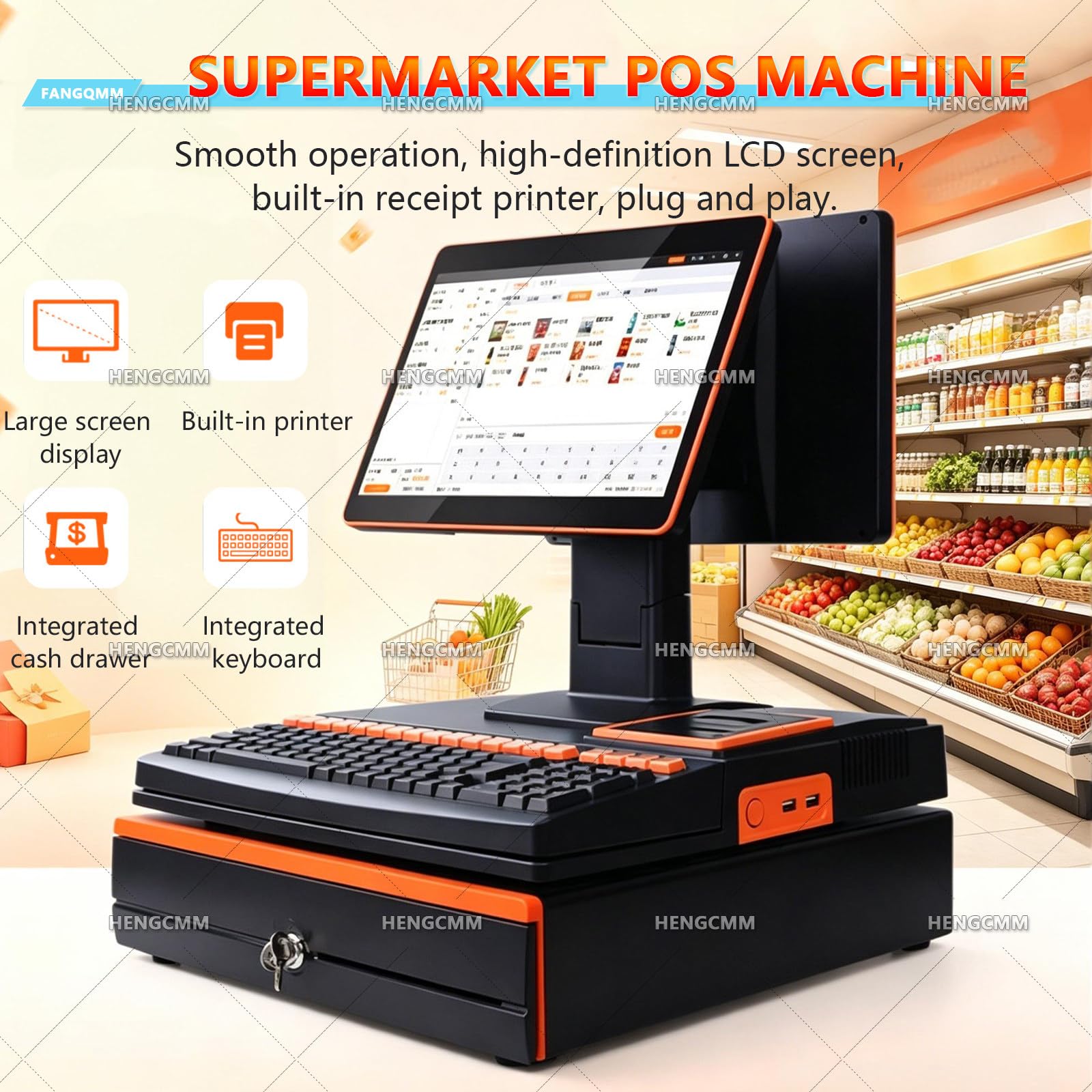 All-in-One-Smart-Kassen-POS-System, Touchscreen Kasse für Supermarkt, Kiosk & Laden – Komplett-Set mit Scanner, Kassenlade & Kundendisplay, für Kleinunternehmen, Restaurants, Einzelhandel White