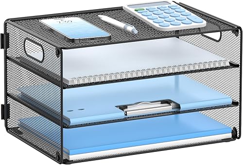 Miniatura 8 de DALTACK Bandeja organizadora de papel de 3 niveles con asa, organizador de archivos de escritorio de malla, bandeja de papel organizador de