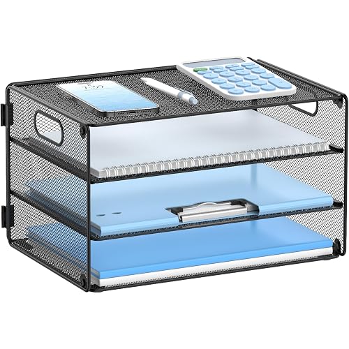 3 Tier Metal Mesh Letter Tray Paper Organizer with Handle for Desk Black | 3 tier paper tray desk organizer and sliding shelves for Letter and A4 paper, folders, mail, bills and documents