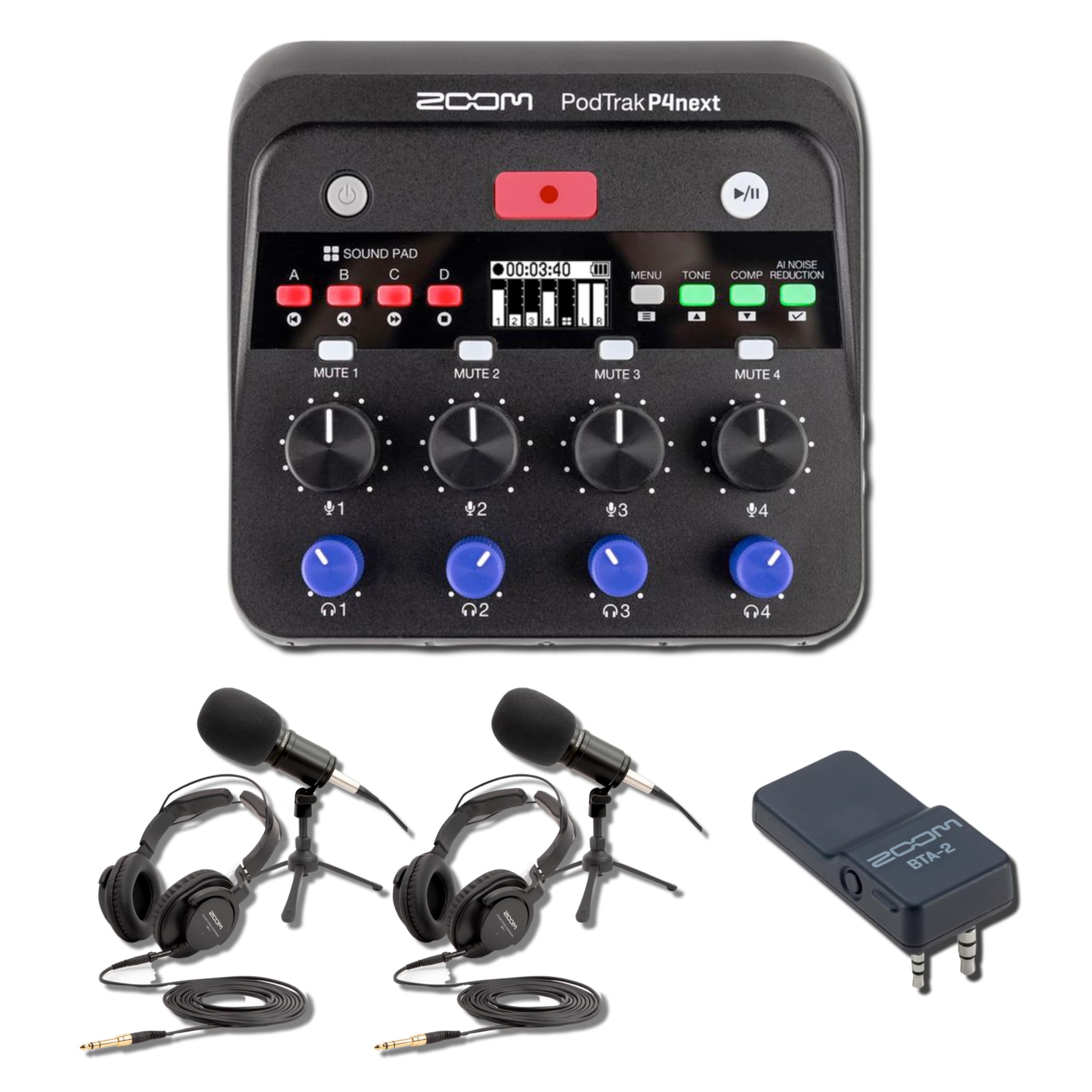 Zoom PodTrak P4 Next Podcast Recorder Bundle with BTA-2 Bluetooth Adapter and 2x ZDM-1 Mic Packs — Wireless Remote Interview, Dynamic Microphones, Headphones, Podcast Equipment Kit for Duo Recording