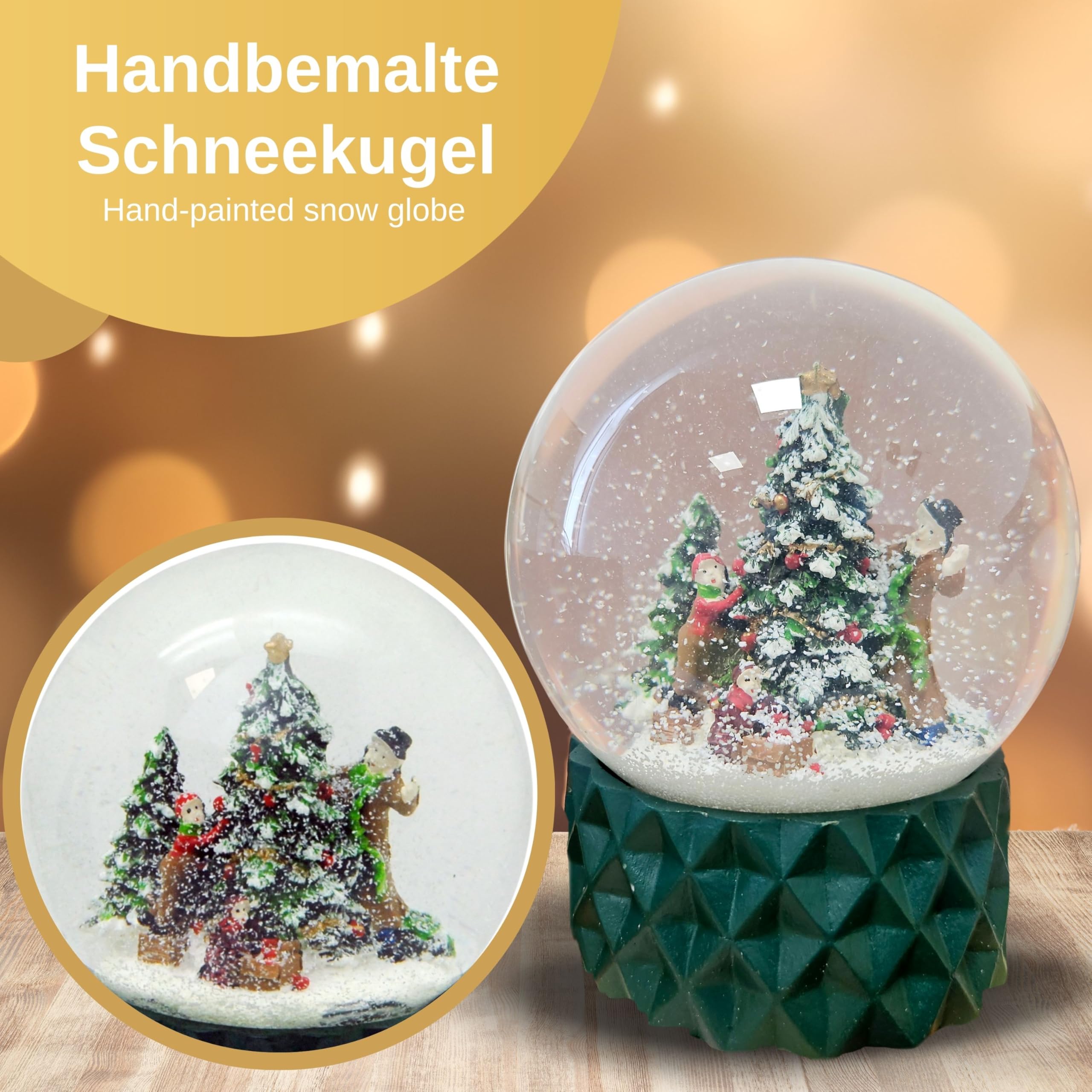Schneekugel Weihnachten | Christbaum schmücken | B: 10 cm | 20174 | Weihnachtsdekoration | Schüttelkugel | Familie schmückt Weihnachtsbaum | Geschenke