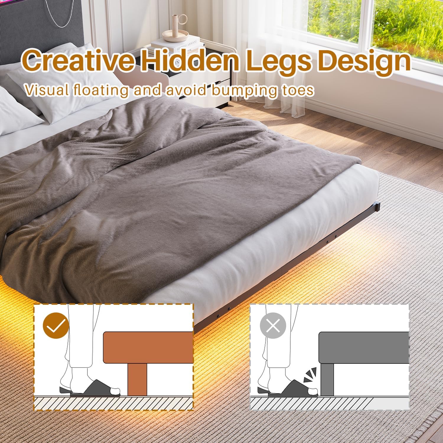 HOMERECOMMEND Floating Bed Frame Queen Size with Storage Headboard and Charging Station, Upholstered Platform Bed with LED Light, Heavy Duty Metal Slats, No Box Spring Needed,Black and Grey - Image 4