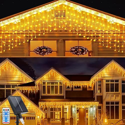 Miniatura 1 de Acxilexy Guirnalda de luces solares para exteriores, 23 pies, 256 luces LED de carámbano de Navidad con 32 gotas, control remoto, impermeable IP65,