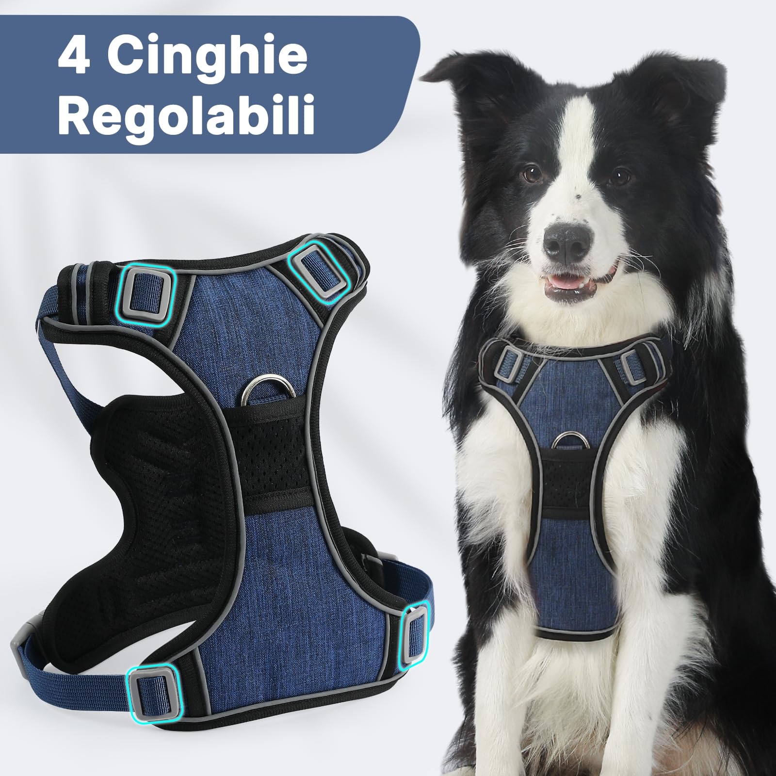 COMSLE Pettorina Cane Taglia Grande Media Piccola, Pettorina Cane ad h Riflettente, Pettorina Anti Tiro per Cani Regolabile con Doppio Anello, Imbracatura Cani Traspirante, Blu Scuro, M