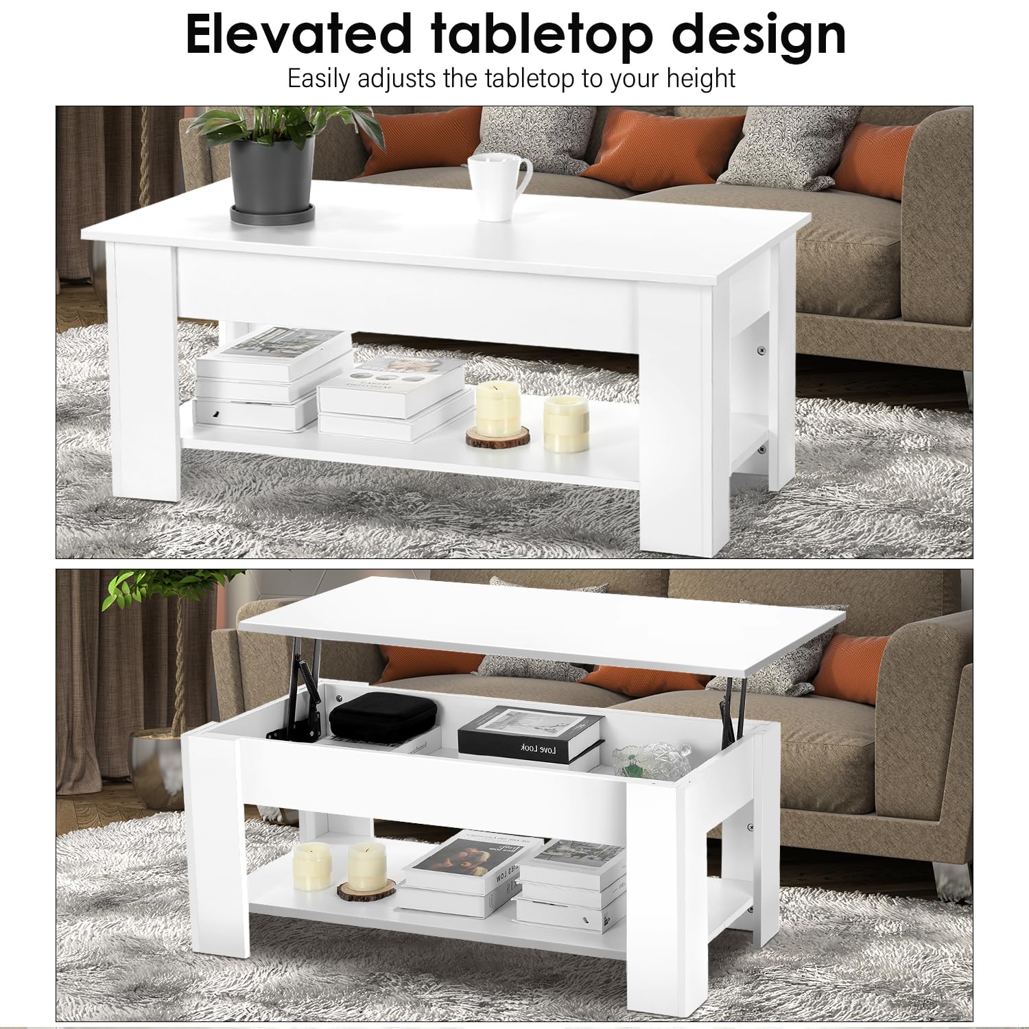 Mesa de Centro Elevable y Extensible, Mesa de Salón o Comedor Mesita Cafe con Almacenaje y Estante Almacenamiento Oculto Modernos Blanco 98x50x(42-56) cm