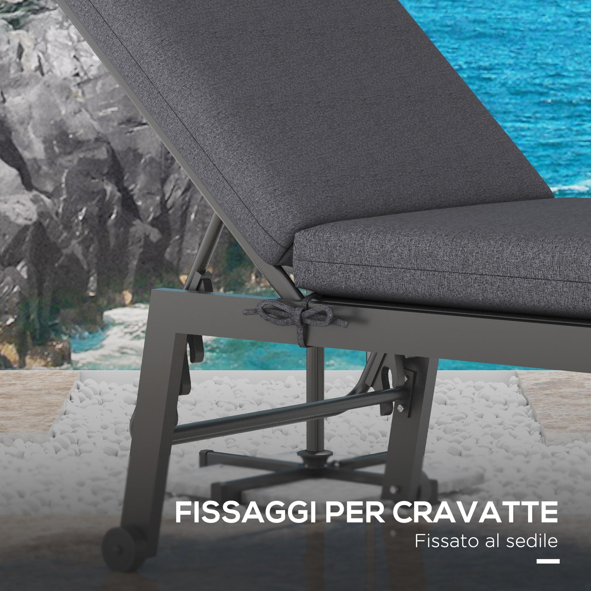 Outsunny Set 2 Cuscini per Sedie da Esterno con Lacci di Fissaggio, Cuscini da Esterno Imbottito in Cotone, per Sdraio Prendisole Giardino, 190.5x58.4x7 cm, UV50+, Grigio