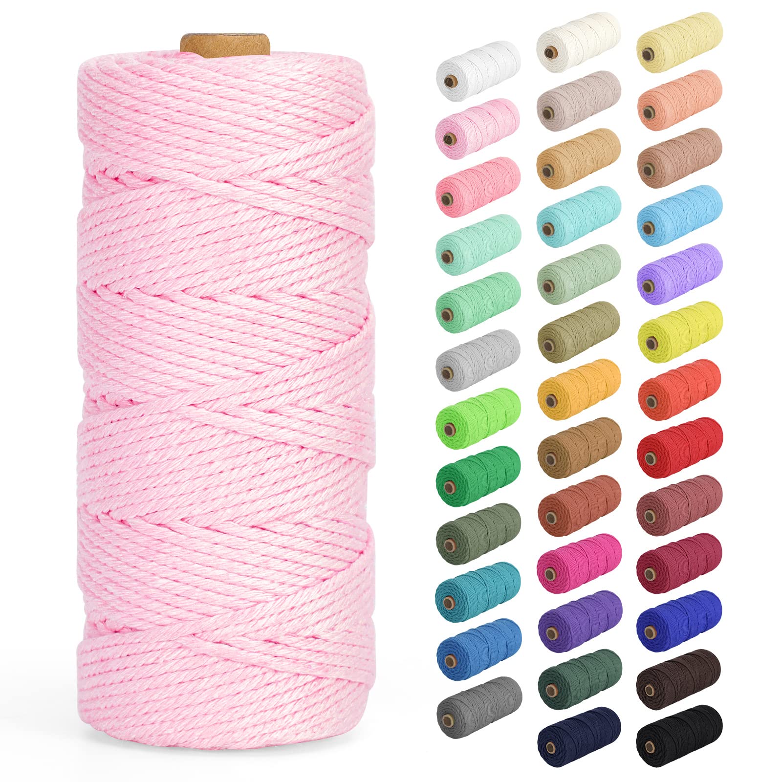 Macrame Cord 3mm x 109Yards (328Feet), Natural Cotton Macrame Rope - 4 Strands Twisted Macrame Cotton Cord for Wall Hanging, Plant Hangers, Crafts, Gift Wrapping and Wedding Decorations, Light Pink