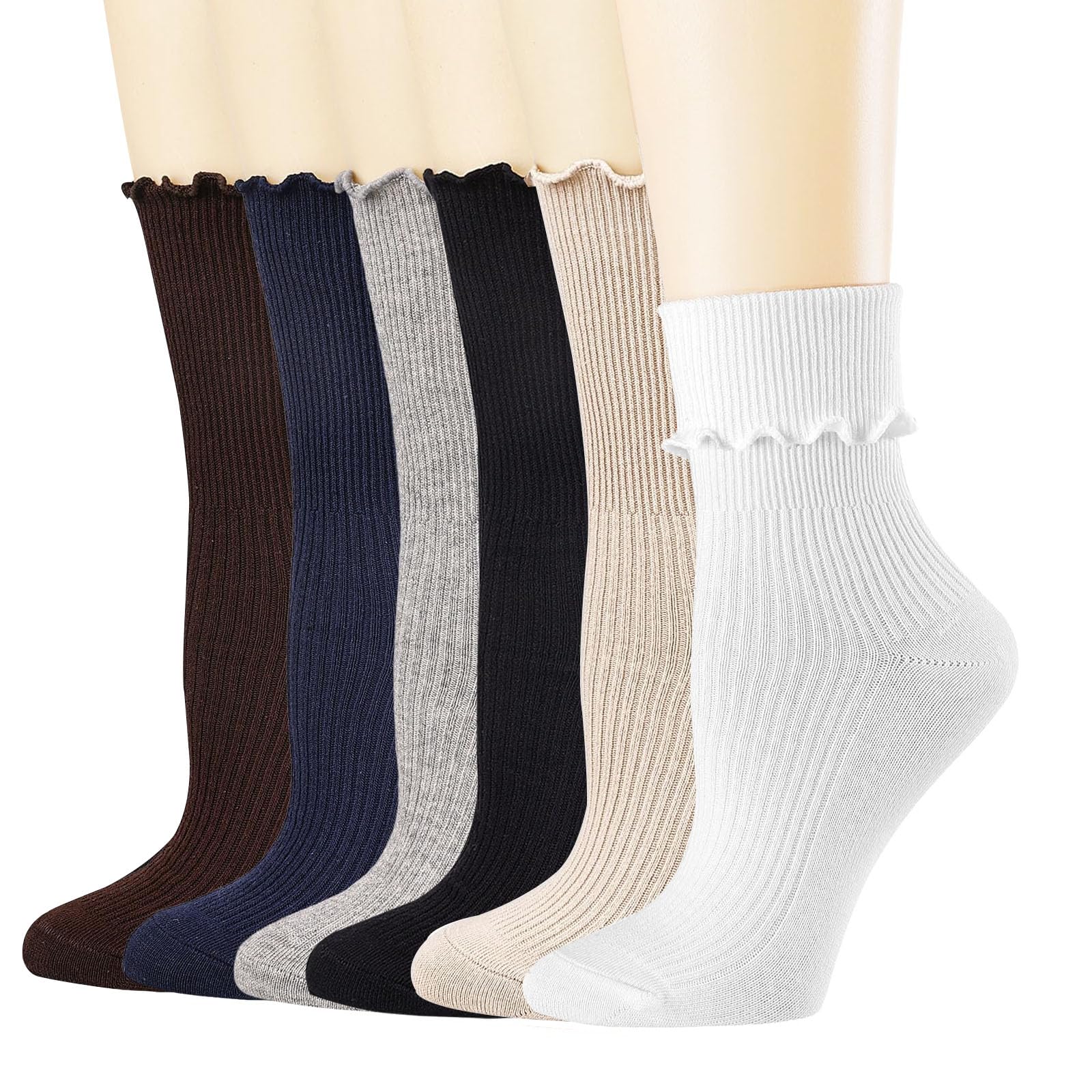 Babahu Women's A03-6Pcs Ruffle Socks For Casual Cute Cotton Crew Socks, Frilly Novelty Knit Socks 6 Pairs