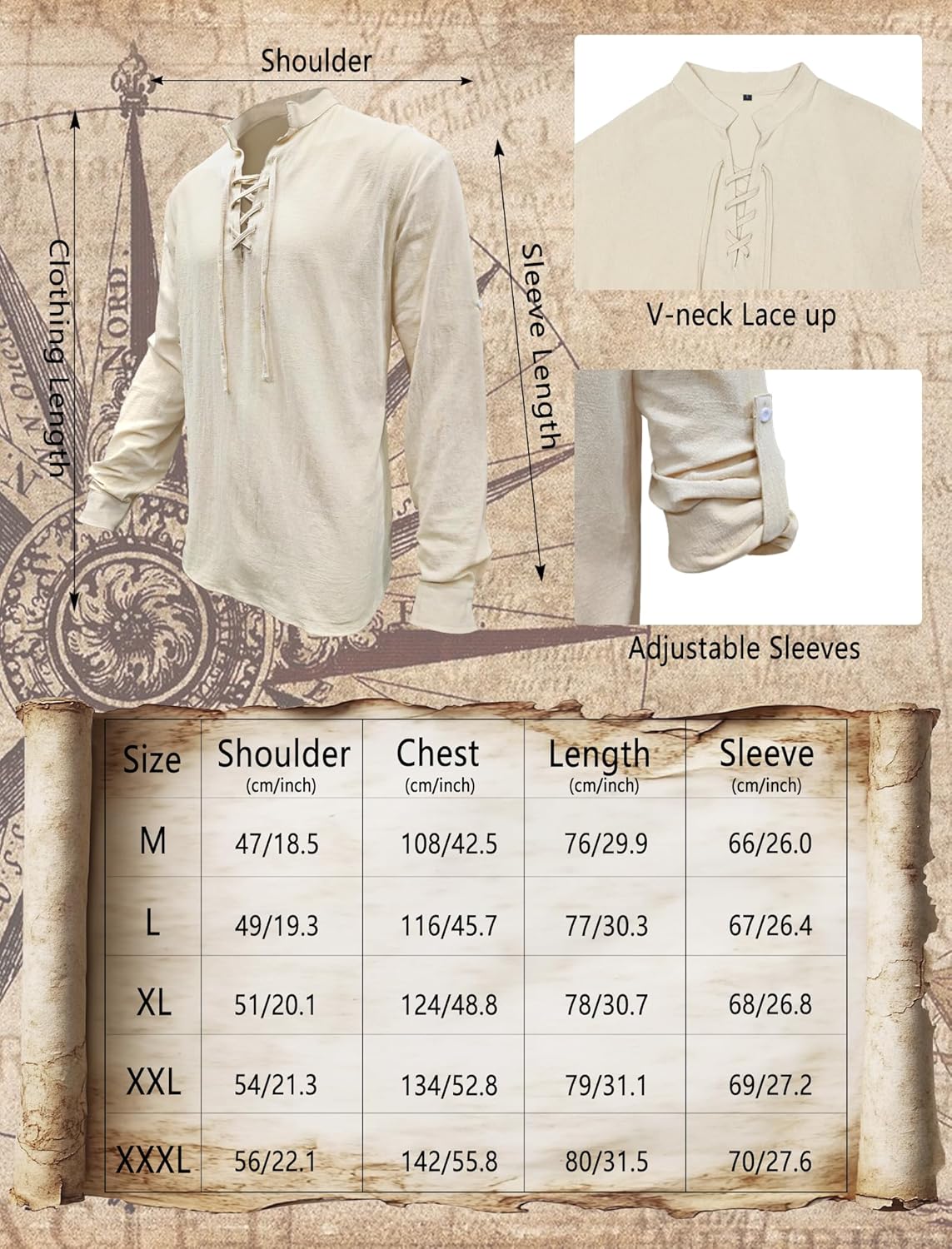 Verceco Mens Pirate Costume Outfit Renaissance Costume Men Medieval Outfit With Pirate Pants Shirts Sash Accessories (khaki, X-Large) - Image 6