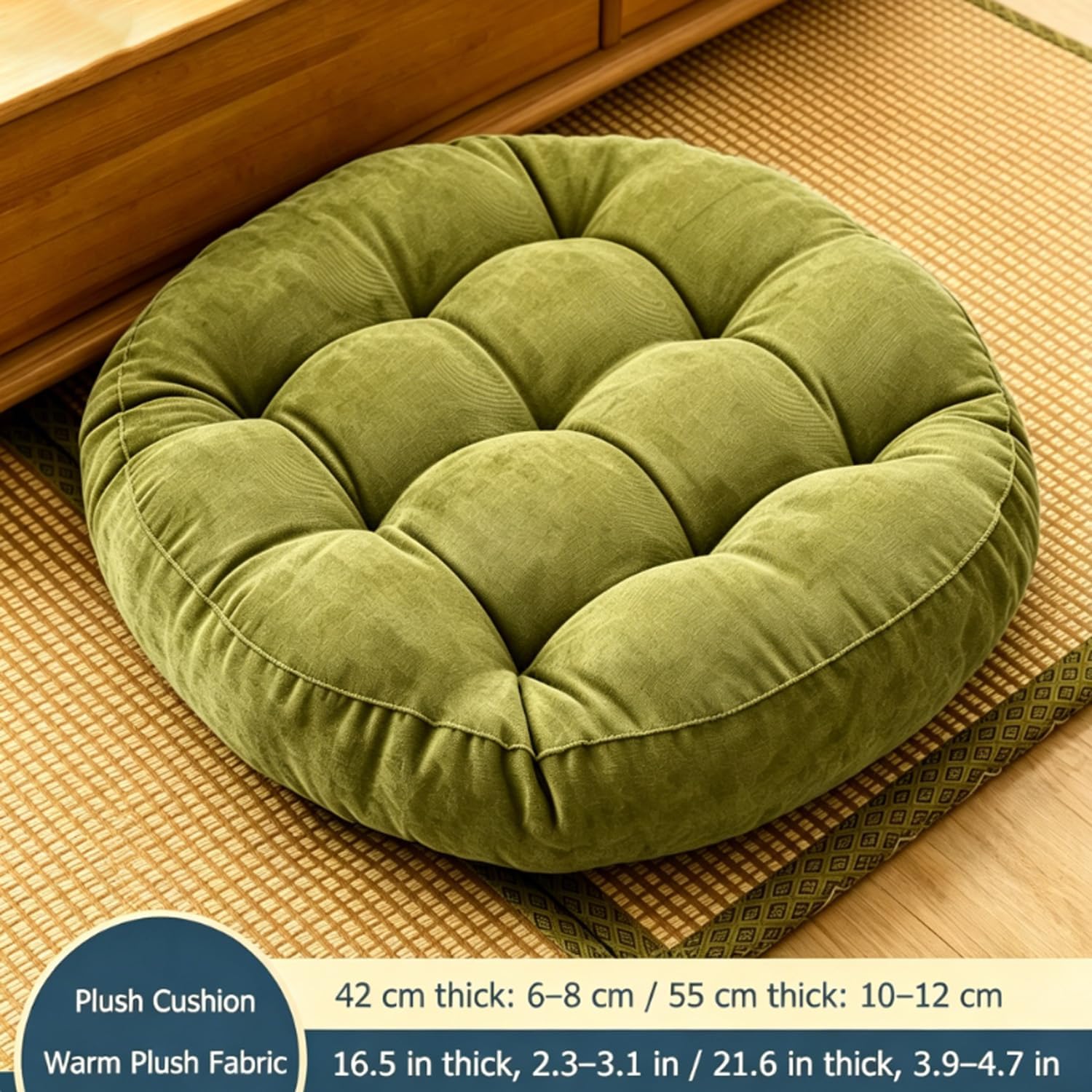 Thick Round Floor Pillow, Tufted Chair Seat Cushion, Soft Plush Floor Cushion, Multi-Use Seating Pillow for Home Office Yoga Meditation (Green, Large Circle)