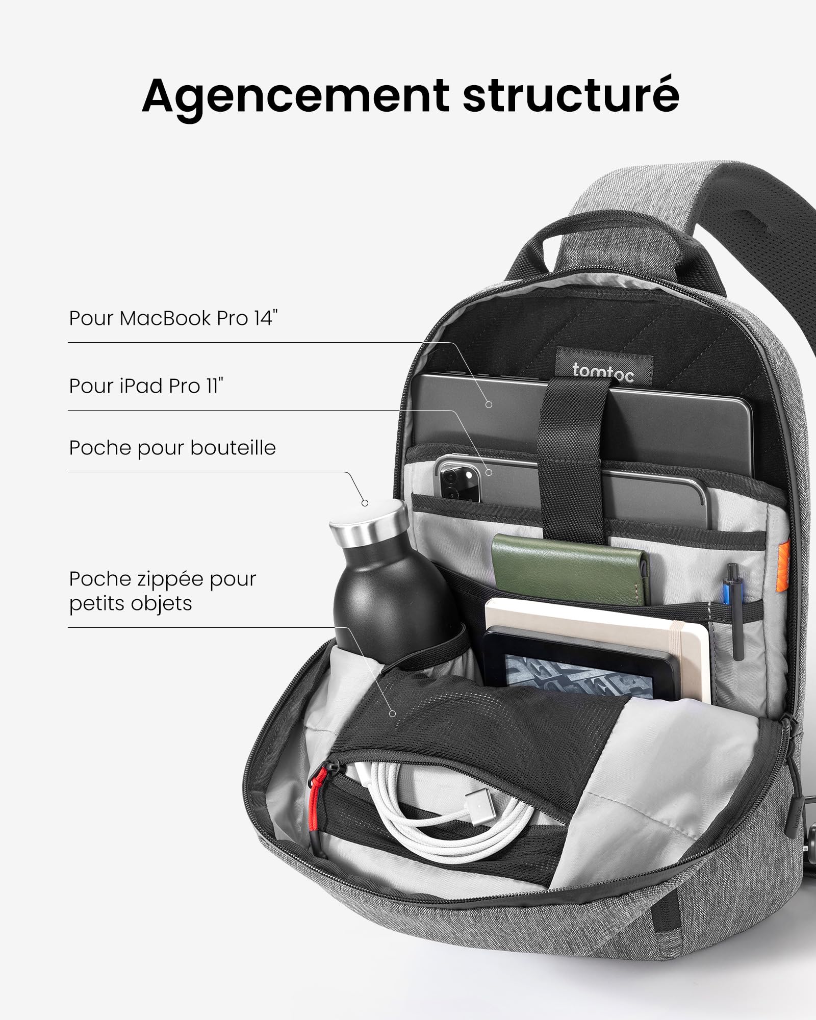 tomtoc Compact EDC Sling Bag, Sac à Bandoulière Minimaliste Crossbody pour 13" MacBook Air/Pro, 2024 13" iPad Pro M4, 13" iPad Air M2, Sac à Dos Résistant à L'eau, Usage Quotidien, Travail, Gris