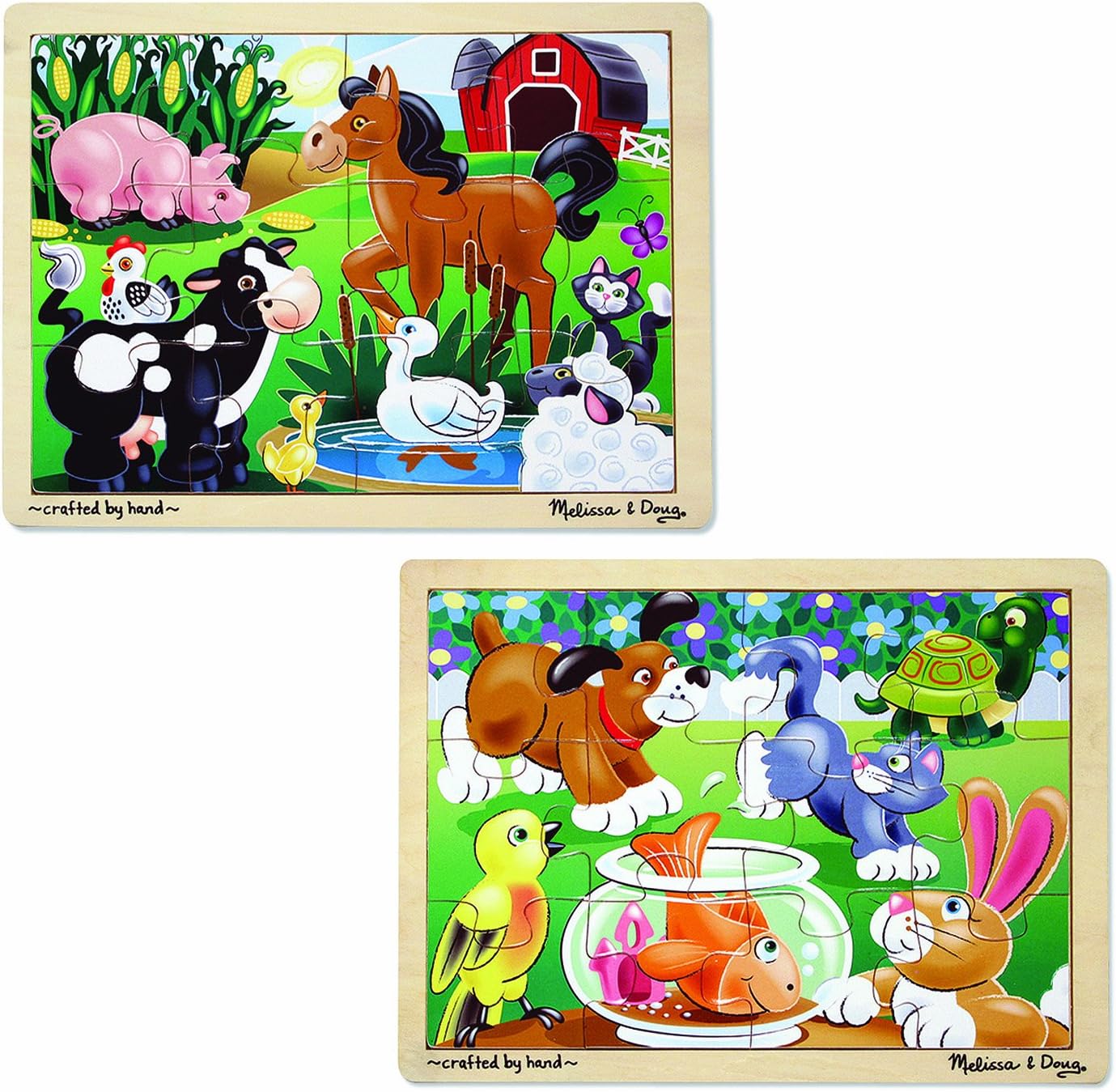 Melissa & Doug Animals Wooden Jigsaw Puzzles Set - Pets and Farm Life (12 pcs each)