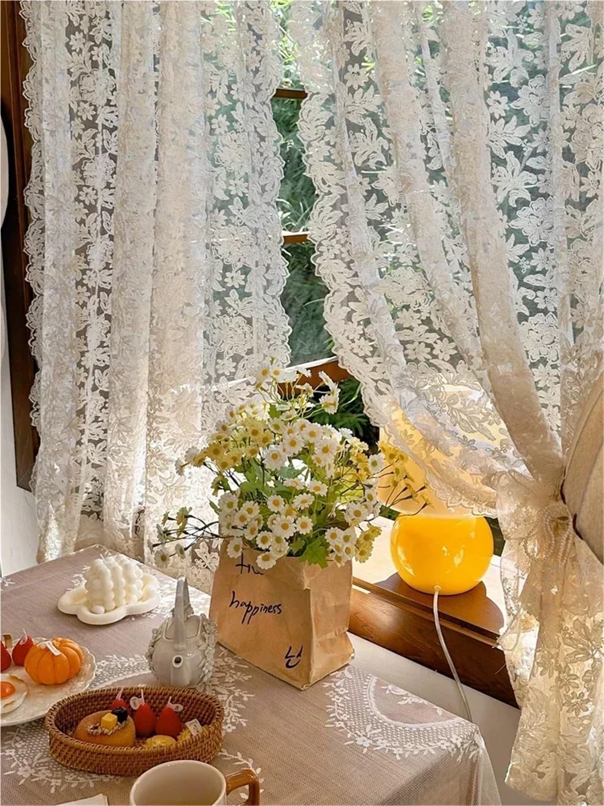 Rideau Dentelle à Bords Ondulés, Rideau de Séparation en Dentelle Palace, Gaze Brodée Vintage, Beige, Rod Pocket, W130cm x H250cm, 1 Pièce, pour Salon Chambre Cuisine