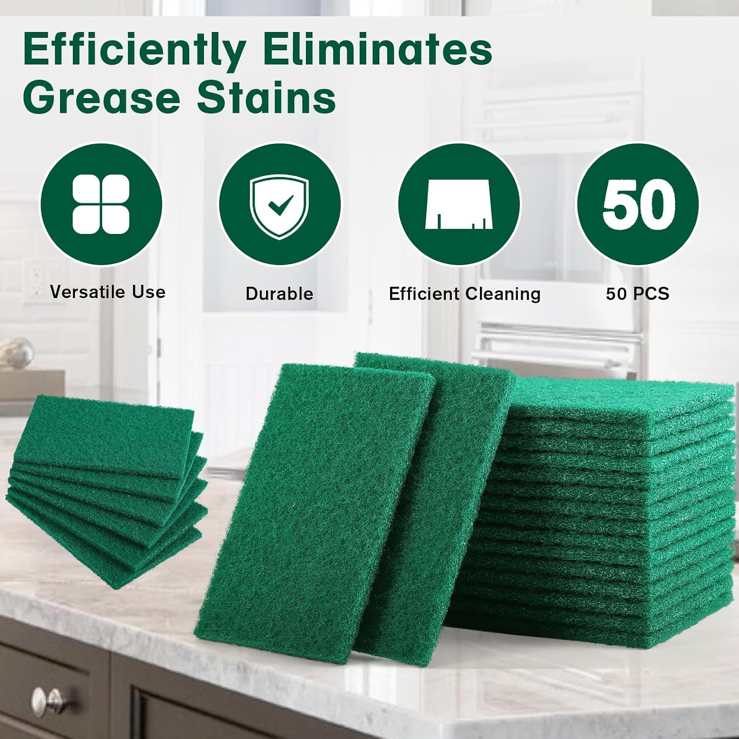 50 Pcs Scouring Pads,Heavy Duty Scour Pads,Non Scratch Scouring Pads,Dish Scrubber Scrubber Pads,Reusable Green Scrub Pads for Household Dishes Kitchen Sink Scrubbers & Metal Grills,4x6in