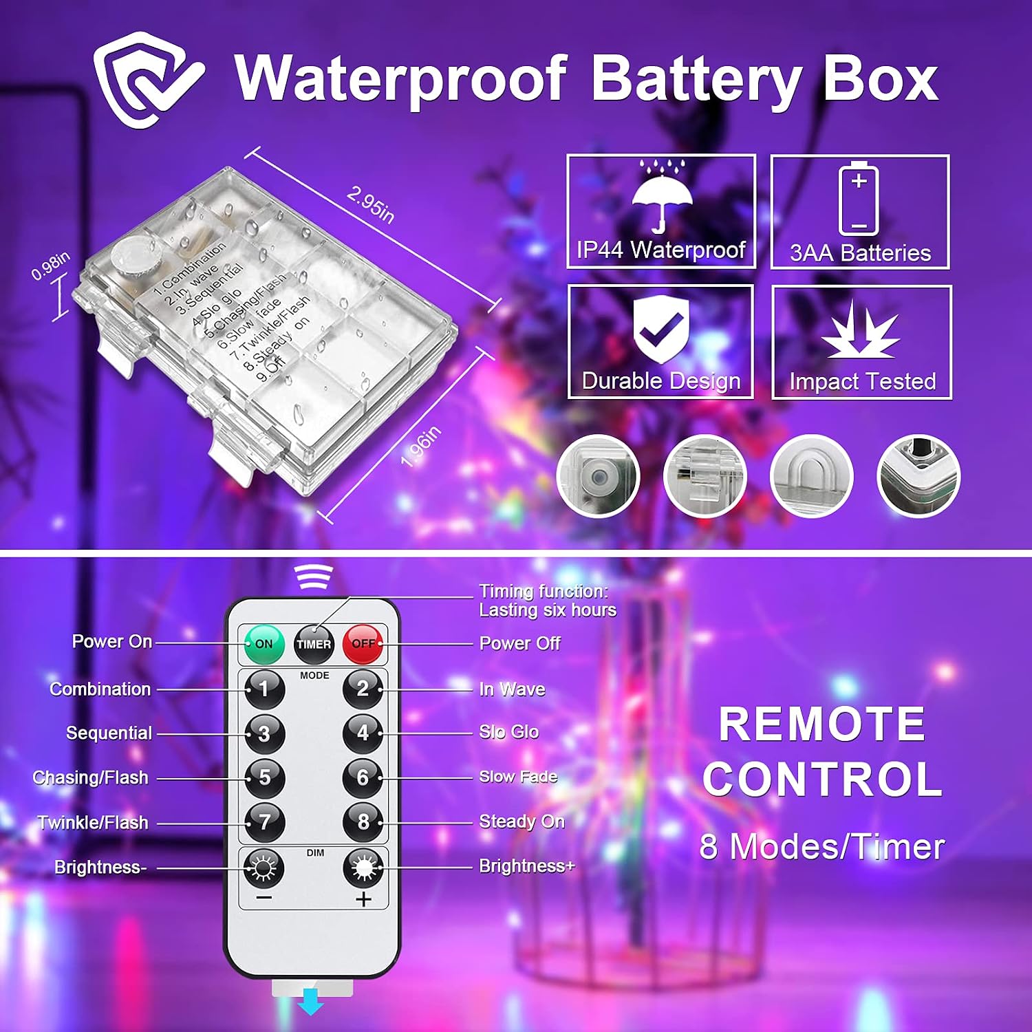 JMEXSUSS 33ft 100 LED Purple Christmas Lights, Battery Operated Christmas Lights with Remote Indoor Outdoor, Purple String Lights for Tree Room Proch Yard Xmas Decor (Pack of 2)