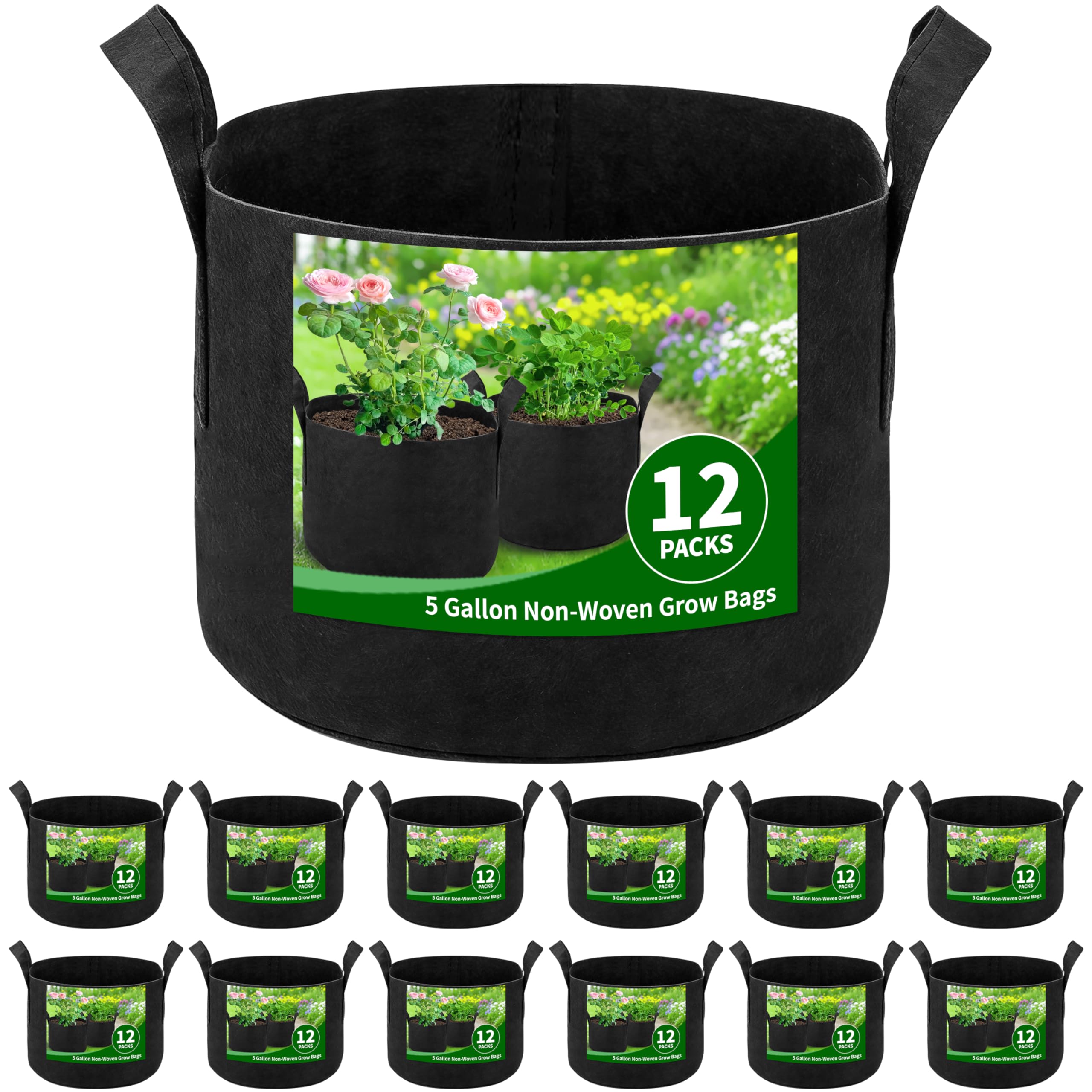 Lot de 12 sacs de culture de 12 litres en tissu non tissé robuste de 300 g avec poignées renforcées, sacs de culture respirants pour tomates, pommes de terre, légumes pour jardin et terrasse