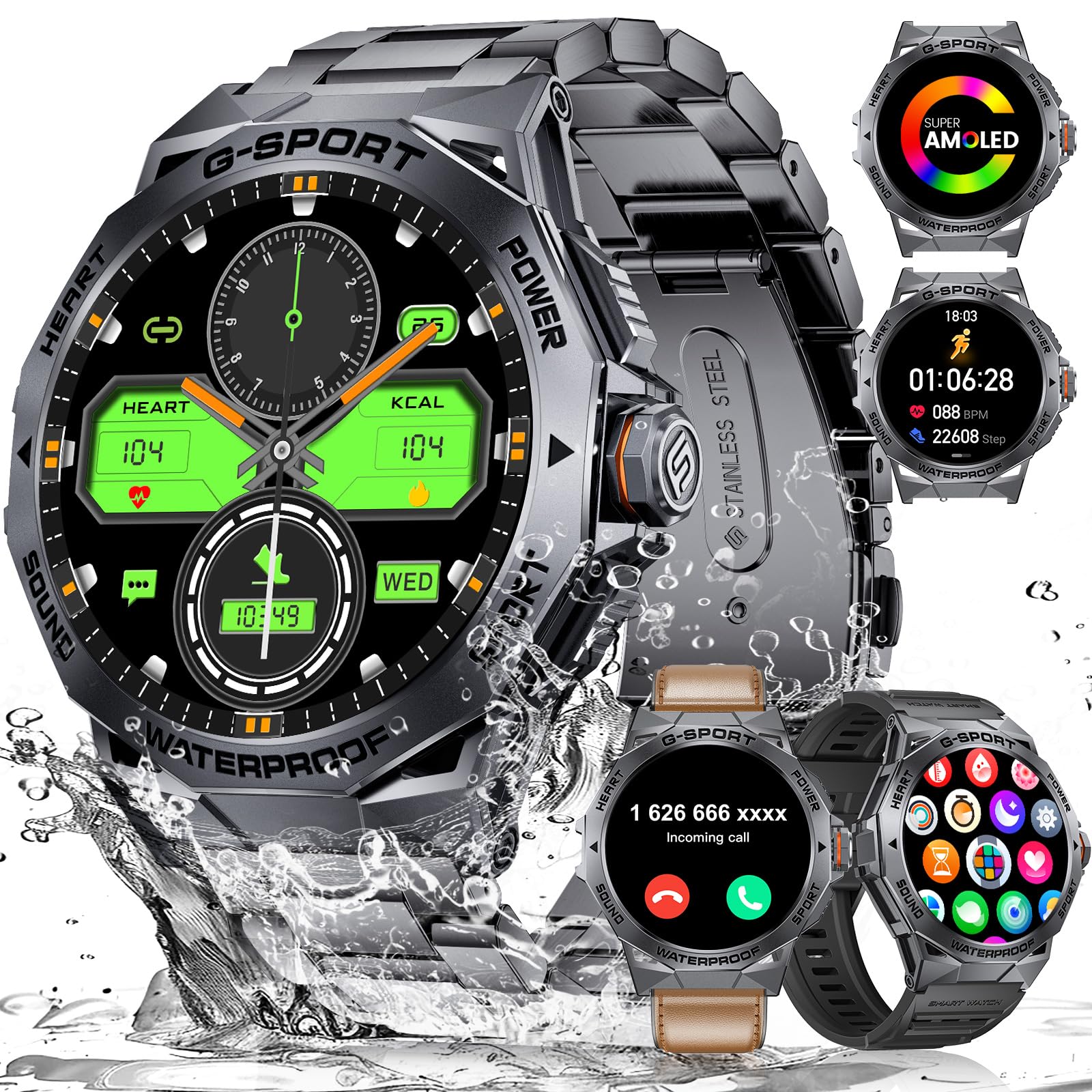 Military Smart Watch for Men with Answer/Make Call, 1.43" AMOLED Screen Always-on Smartwatch with Heart Rate SpO2 Blood Pressure Monitor, IP68 Waterproof Black Fitness Watch for Android iOS, 3 Straps