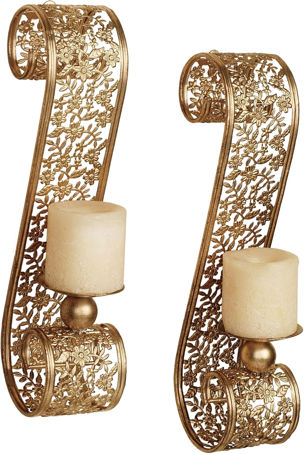 Touch of Class Classic Elegant Scrolling Diandre Metal Wall Sconce Pair - Finished in Antique Gold - Candle Pair Decor - Set of Two - Floral Vine - 16 Inches High