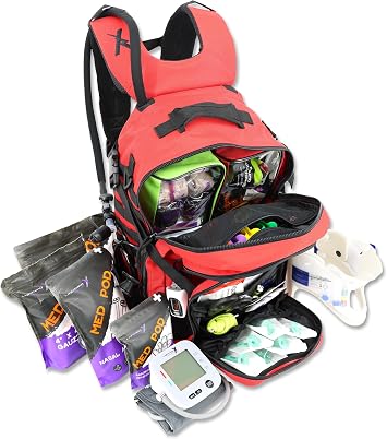 Lightning X Fully Stocked TacMed First Responder Trauma Medical Backpack EMT Kit | MB45-SKF | w/Professional First Aid Emergency Supplies Red w/Hydration Bladder