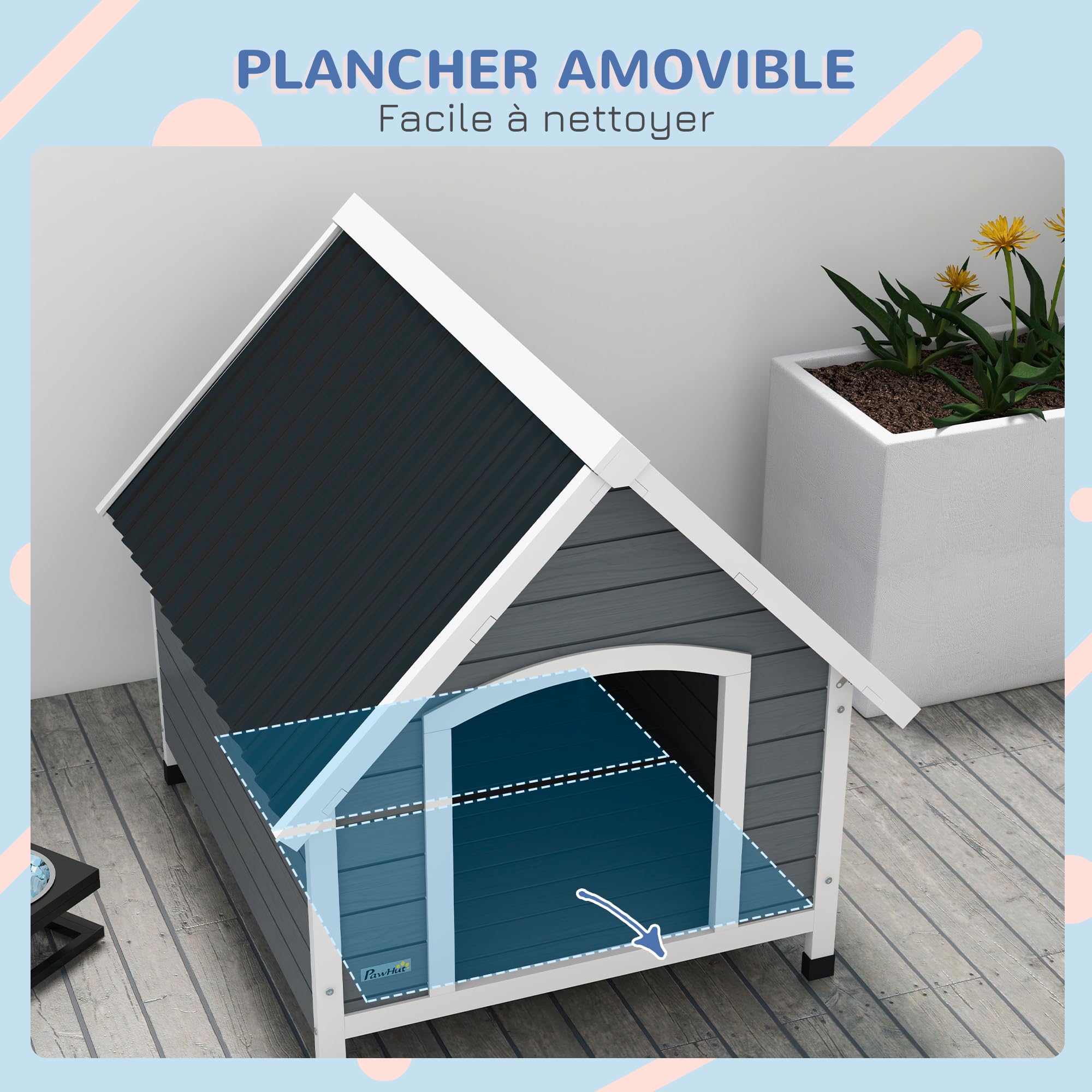 PawHut Niche pour Chien extérieure en Bois, Maison Chien avec Plancher Amovible, Pieds réglables, 84 x 99 x 87 cm, Gris