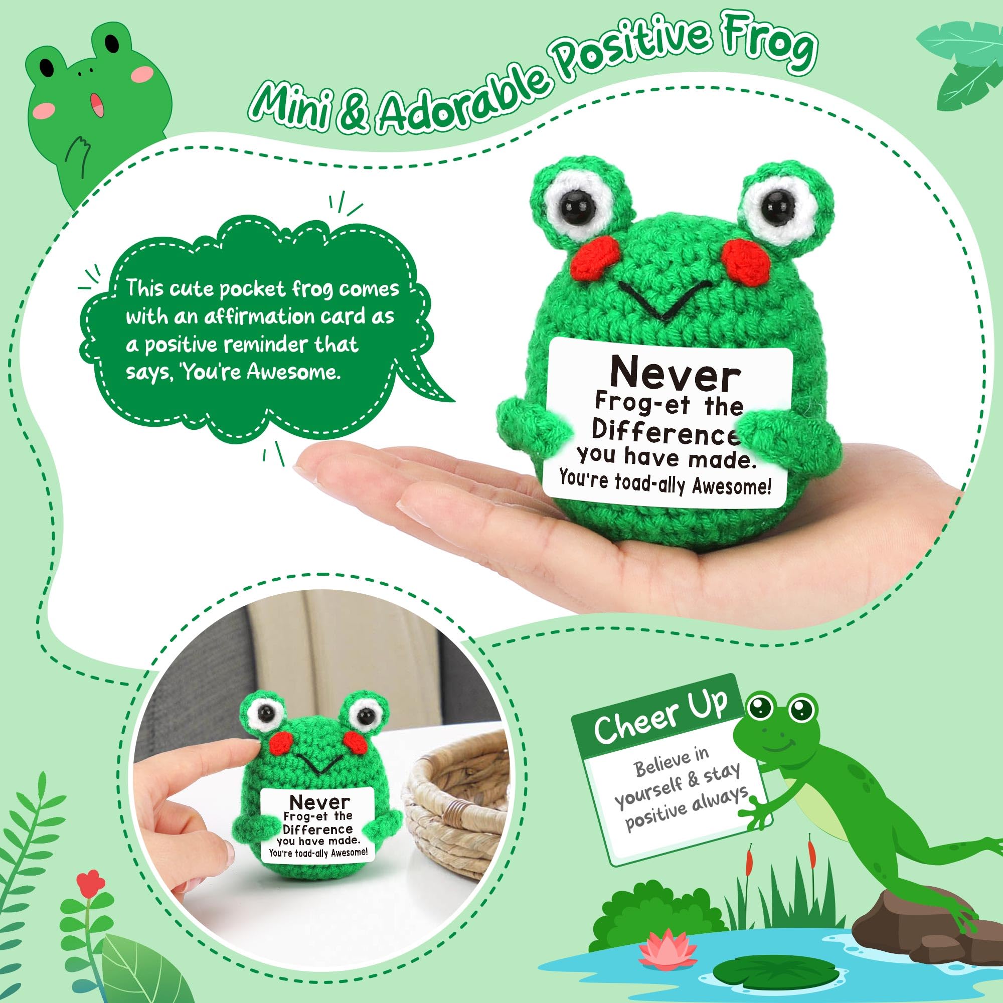 Thank You Teacher Appreciation Gifts Women Coworker Employee Retirement Leaving Going Away Farewell Gift Boss Nurse Mentor, Mother's Day for Moms Grandma Wife Sister, Mini Positive Crochet Frog