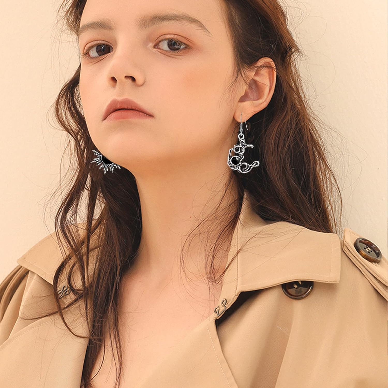 Vintage Boho Opal Sun and Moon Drop Dangle Earrings Moonstone Natural Stone Hook Bohemian for Women Asymmetrical Antiqued Silver Celestial Jewelry - Image 7