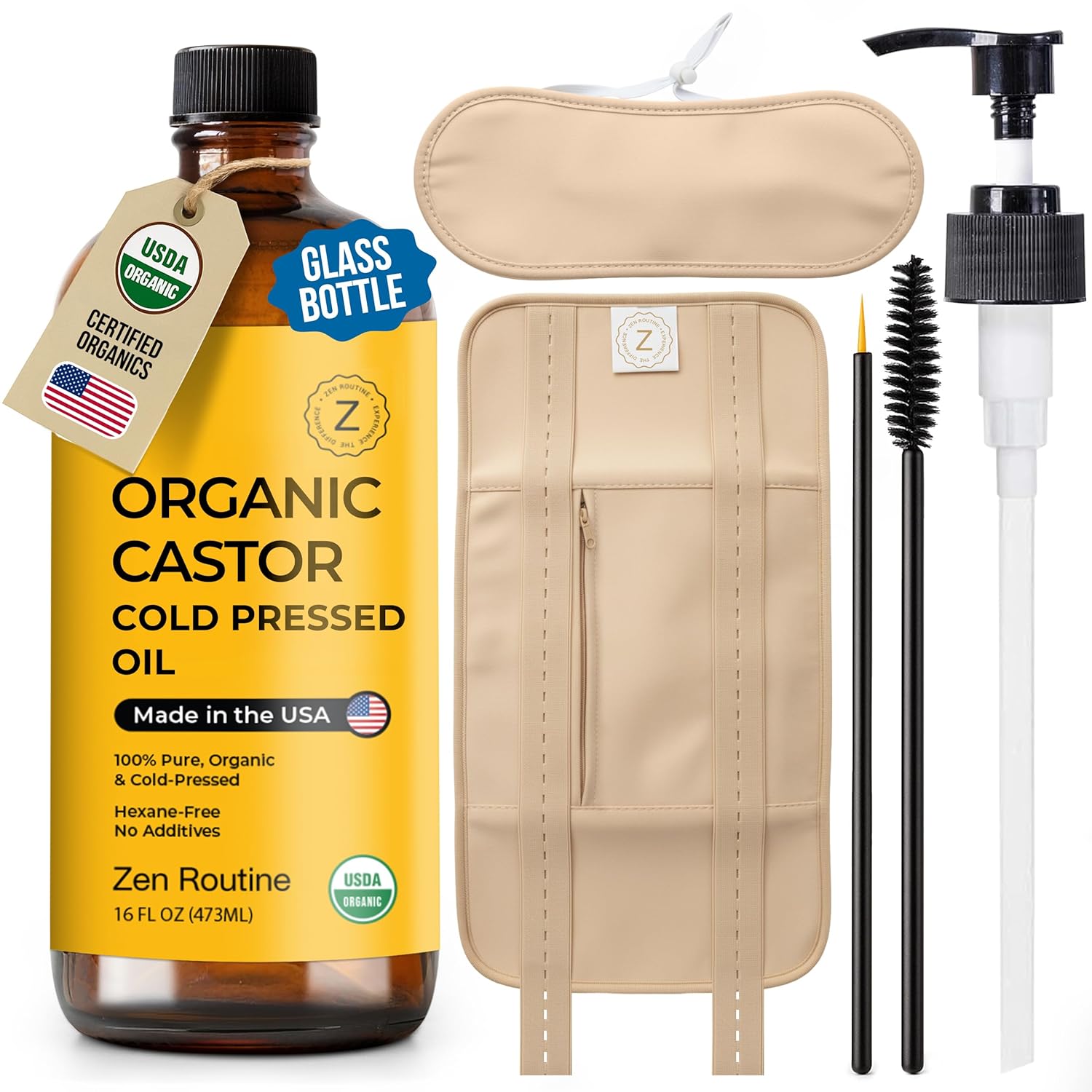 Zen Routine Castor Oil Pack Wrap + Glass Bottle Castor Oil 16oz Set — Organic Cold-Pressed, Hexane Free — Exceptionally Soft Reusable Wrap with Adjustable Straps — Made in USA