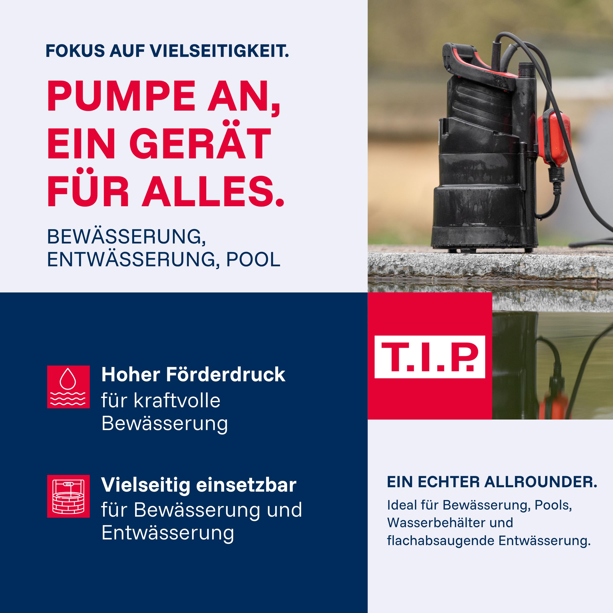 T.I.P. Tauchdruckpumpe DrainPress 3200/24-3.200 l/h, Flachabsaugend bis 1 mm, 24 m Förderhöhe, 2,4 bar Druck, Regenfasspumpe mit Schnellanschluss, 30182