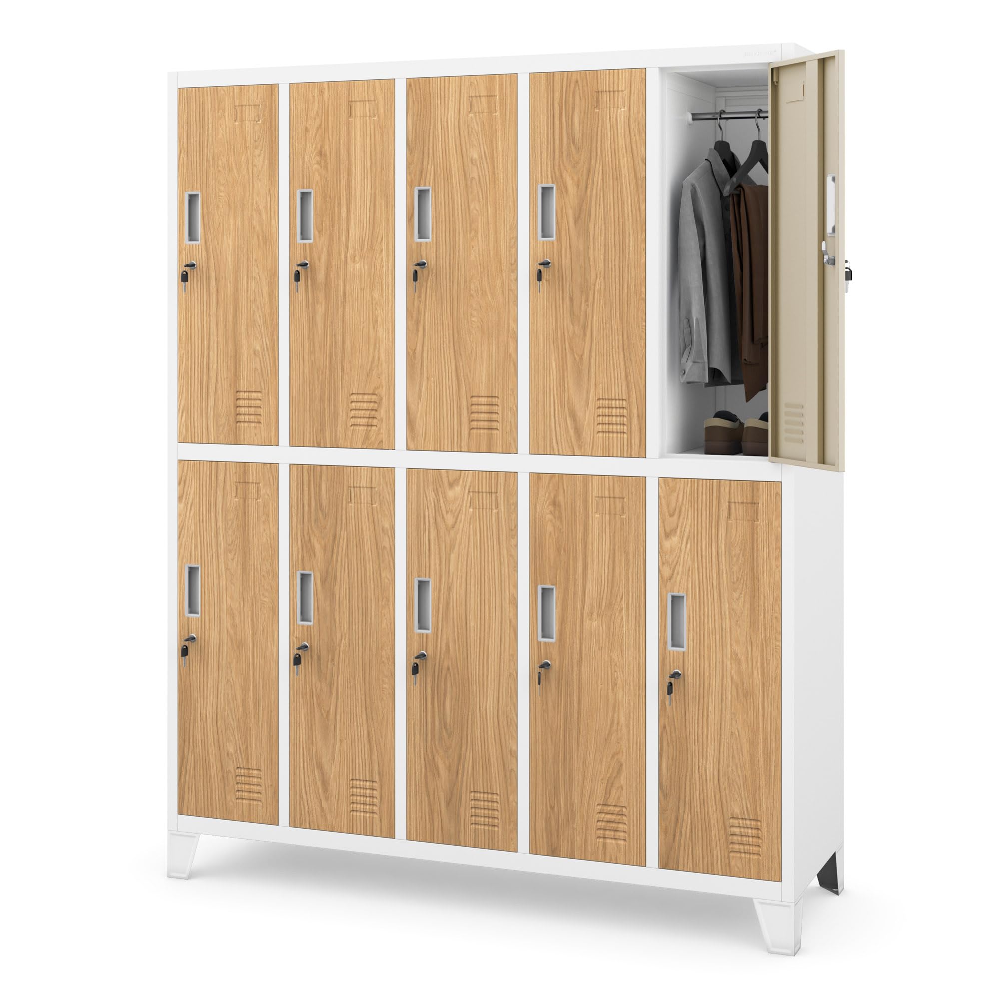 Jan Nowak Umkleideschrank Spindschrank Metall, 10 Fächer, abschließbar | Schließfachschrank für 10 Nutzer, Kleiderstangen, Lüftung, Etikettenhalter, Stahlkorpus und Wandmontage, 172x136x45 cm