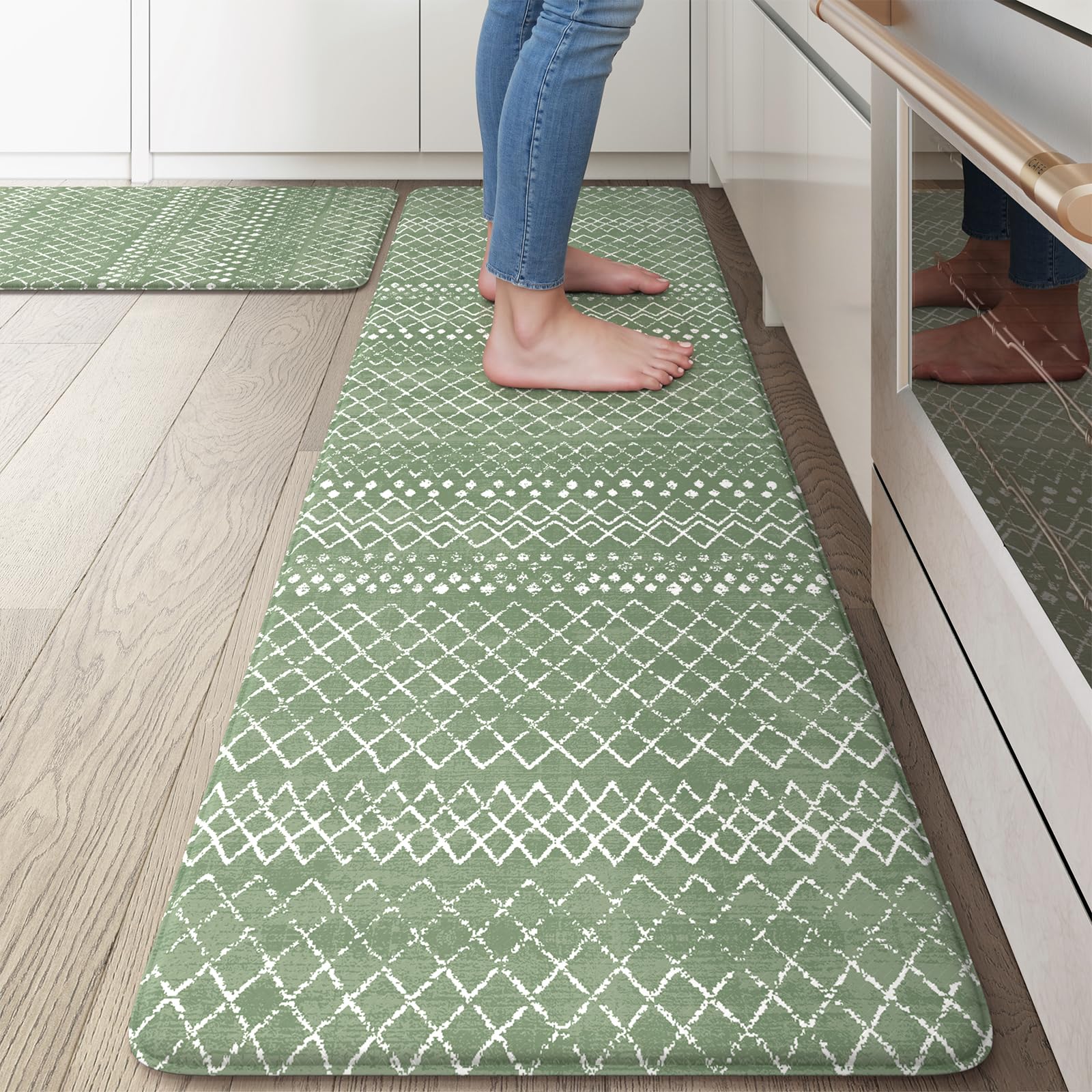 KIMODE Anti Fatigue Kitchen Mats for Floor, Boho Kitchen Rugs Sets of 2, Cushioned Kitchen Floor Mats, Comfort Standing Mat for Sink Laundry Office Desk Green 17"x59"+17"x29"