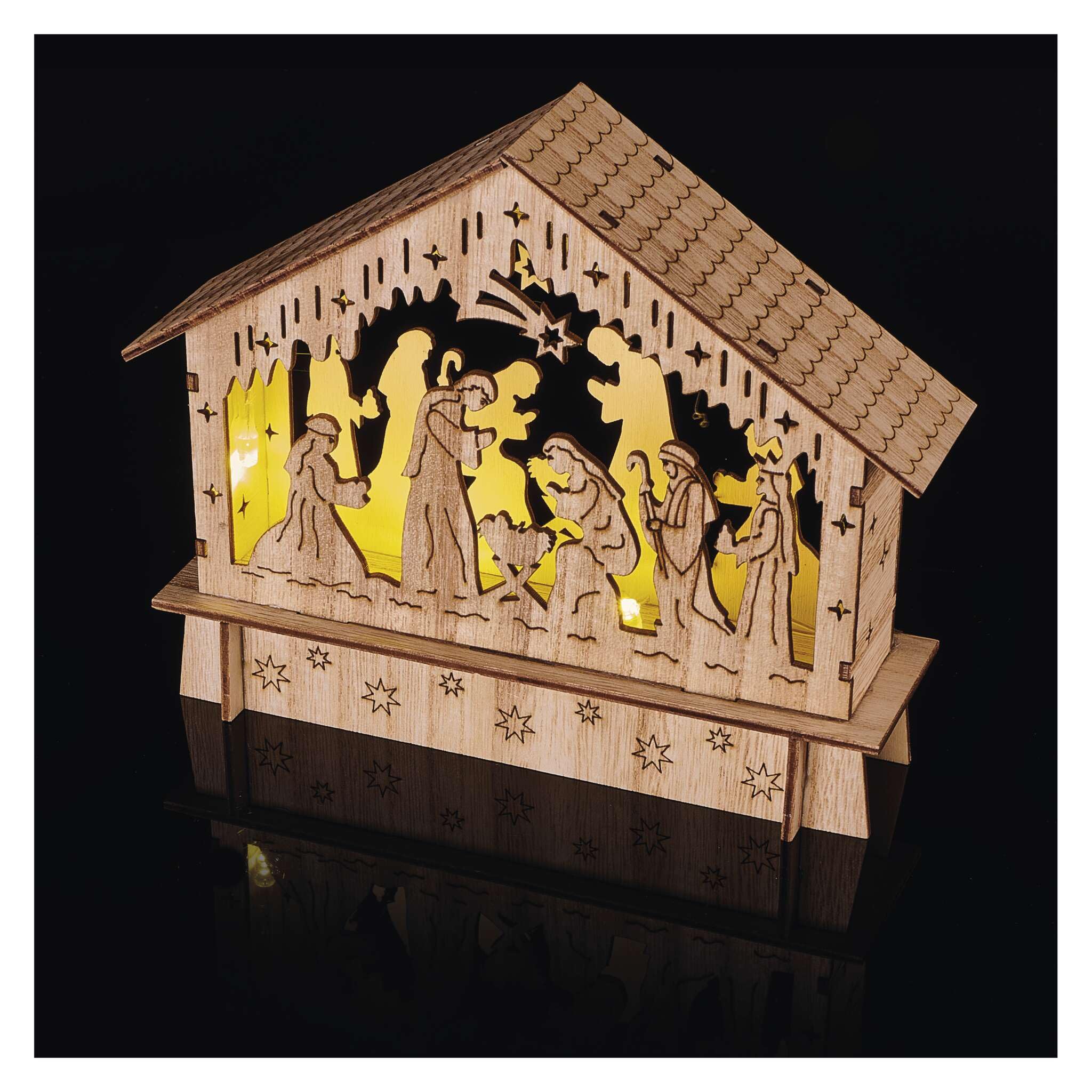 Verlichte kerststal - 6 beelden - 20 x 8 x 15 cm - hout/keramiek