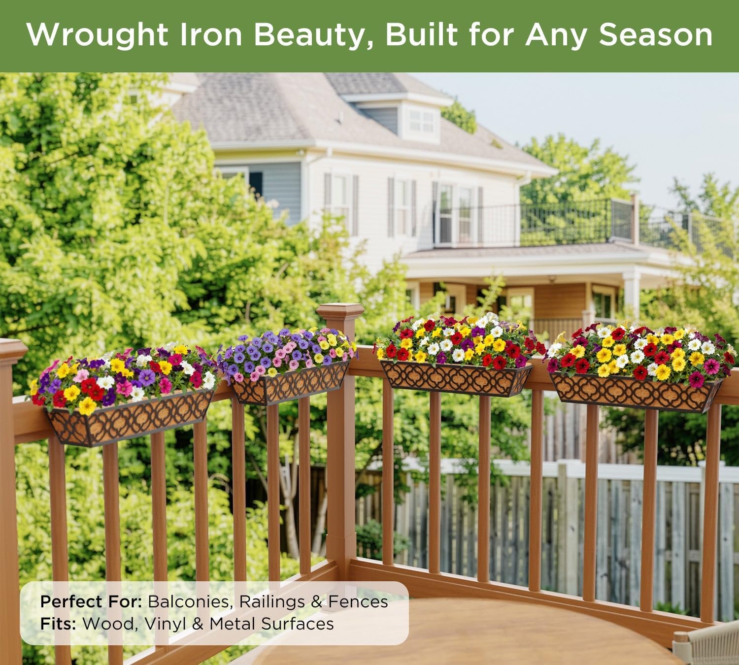 HFHOME 24 Inch Window Deck with Coco Liner, 24" Window Boxes Horse Trough with Coconut Coir Liner, Black Metal Hanging Flower Planter Basket Railing Planter for Outdoor Indoor Lawn - 2 Pack