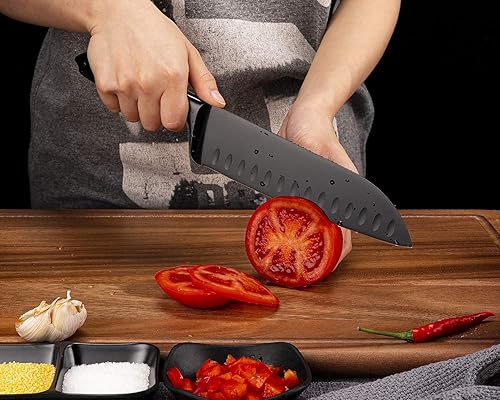 Miniatura 4 de Cuchillo Santoku WELLSTAR de 7 pulgadas, cuchillo de cocina de acero alemán súper afilado con mango cómodo y revestimiento de titanio arcoíris para