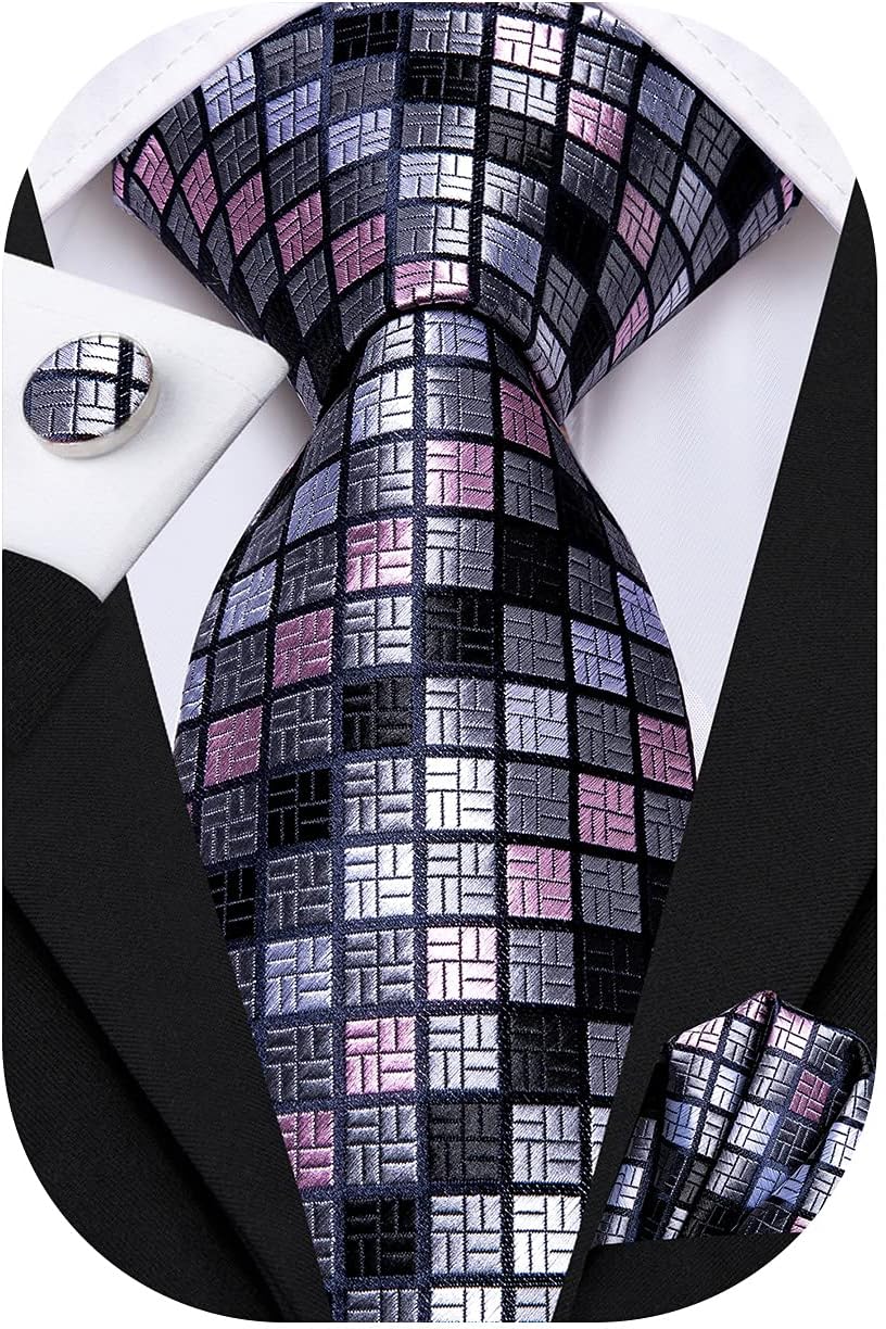 Hi-Tie Mens Plaid Ties Classic Paisley Necktie with Handkerchief Cufflinks Set Business Stripe Tie