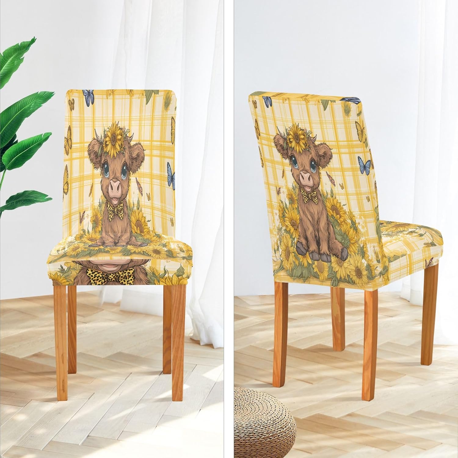 ALAZA Chair Covers for Dining Room, A Lovely Highland Cow Baby is Sitting Among Sunflowers with A Sunflower in Her Hair Stretch Chair Cover Sets Chair Protector Removable Washable for Ktichen Restaur