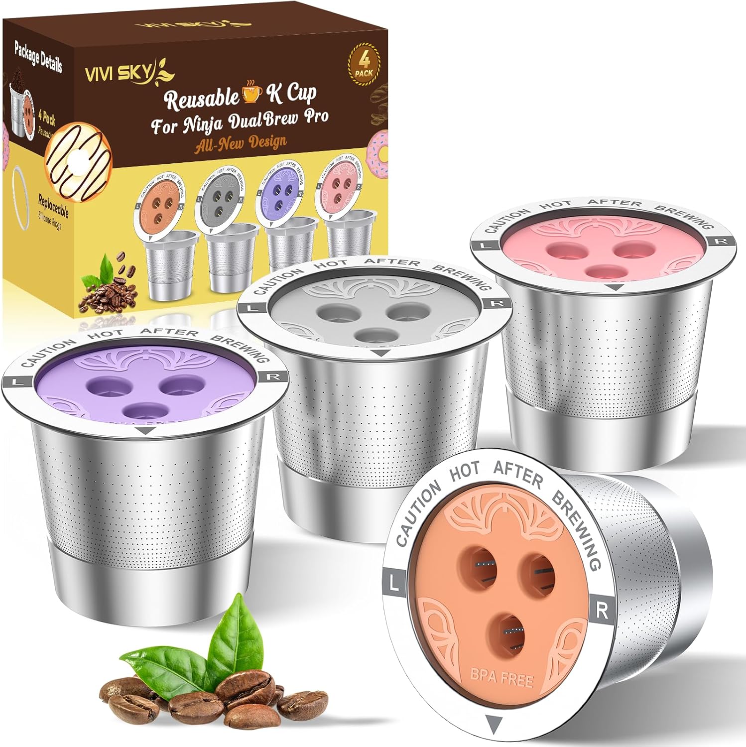 Ninja Reusable Coffee Pod: VIVI SKY Upgraded Stainless Steel Refillable Ninja K Cups - 3 Holes Coffee Filters For Ninja Coffee Maker CFP201 CFP301 CFP305 CFP307 CFP400 CFP300 (4 Pack)
