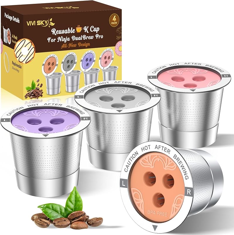 VIVI SKY Ninja Reusable Coffee Pod: 4 Pack for Ninja DualBrew Pro 3-Hole | Refillable 3 Hole Ninja K Cups Fits CFP200/201/300/301/305/400 - Use Own Coffee Grounds Quick Cleanup and Less Waste