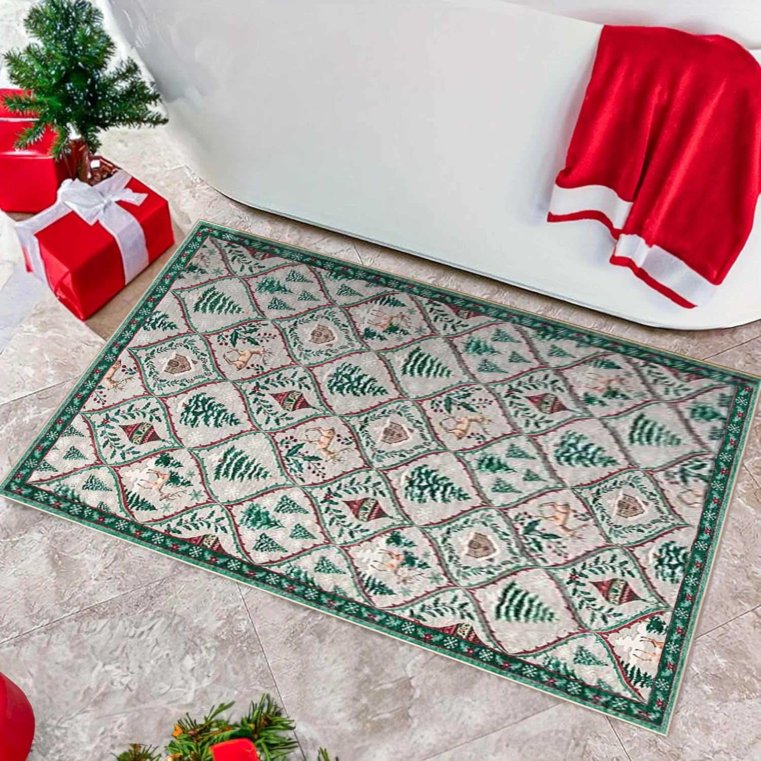 Alfombra Beige Salon Navideña,Alfombra Antideslizante Cocina de Navidad,con Diseño de Campana,Árbol de Navidad y Alce,Grande Alfombras Lavables para Dormitorio Comedor Entrada,B,80x120cm