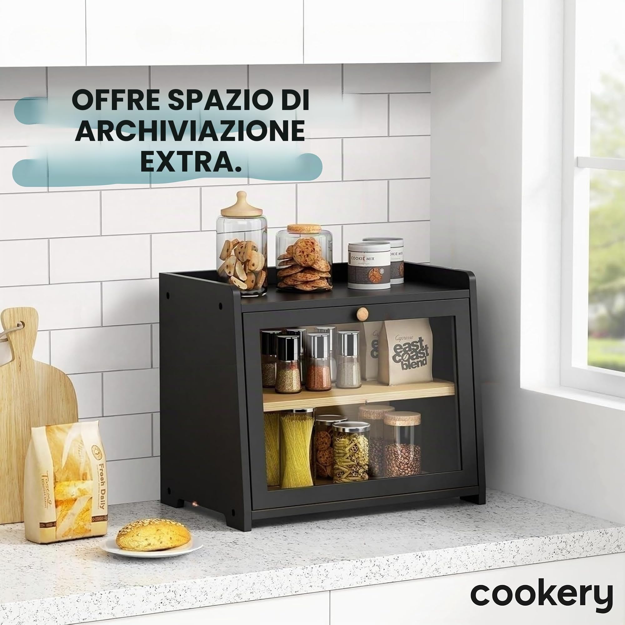 Cookery Portapane in legno con 2 ripiani per la conservazione del pane in bambù, grande scatola per il pane, contenitore per il pane a 2 livelli (nero)