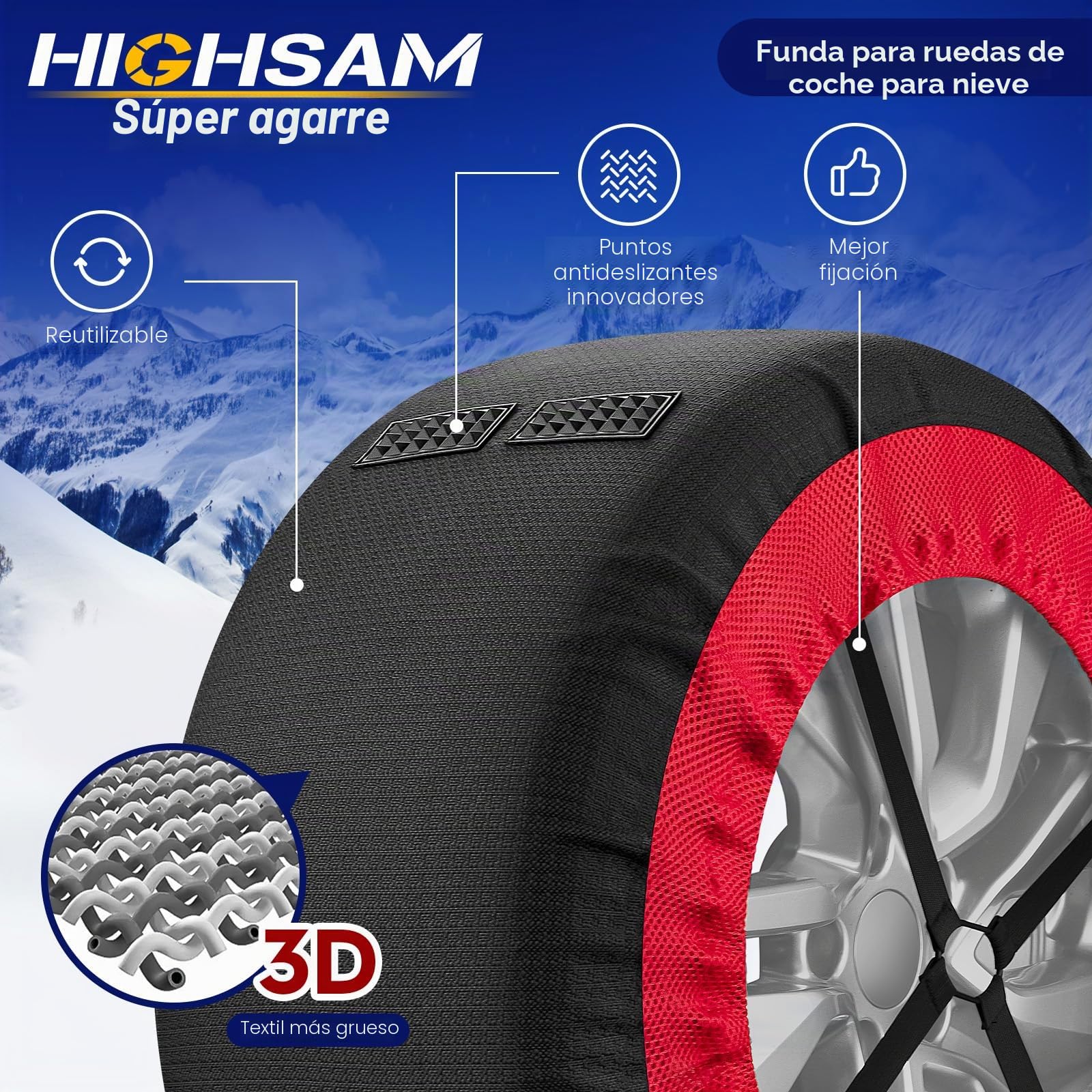 highsam Super Grip Snow Socks, Cadenas Coche Nieve,2 Piezas Cadena Nieve Textil Certificado EN 16662-1 (XXL)