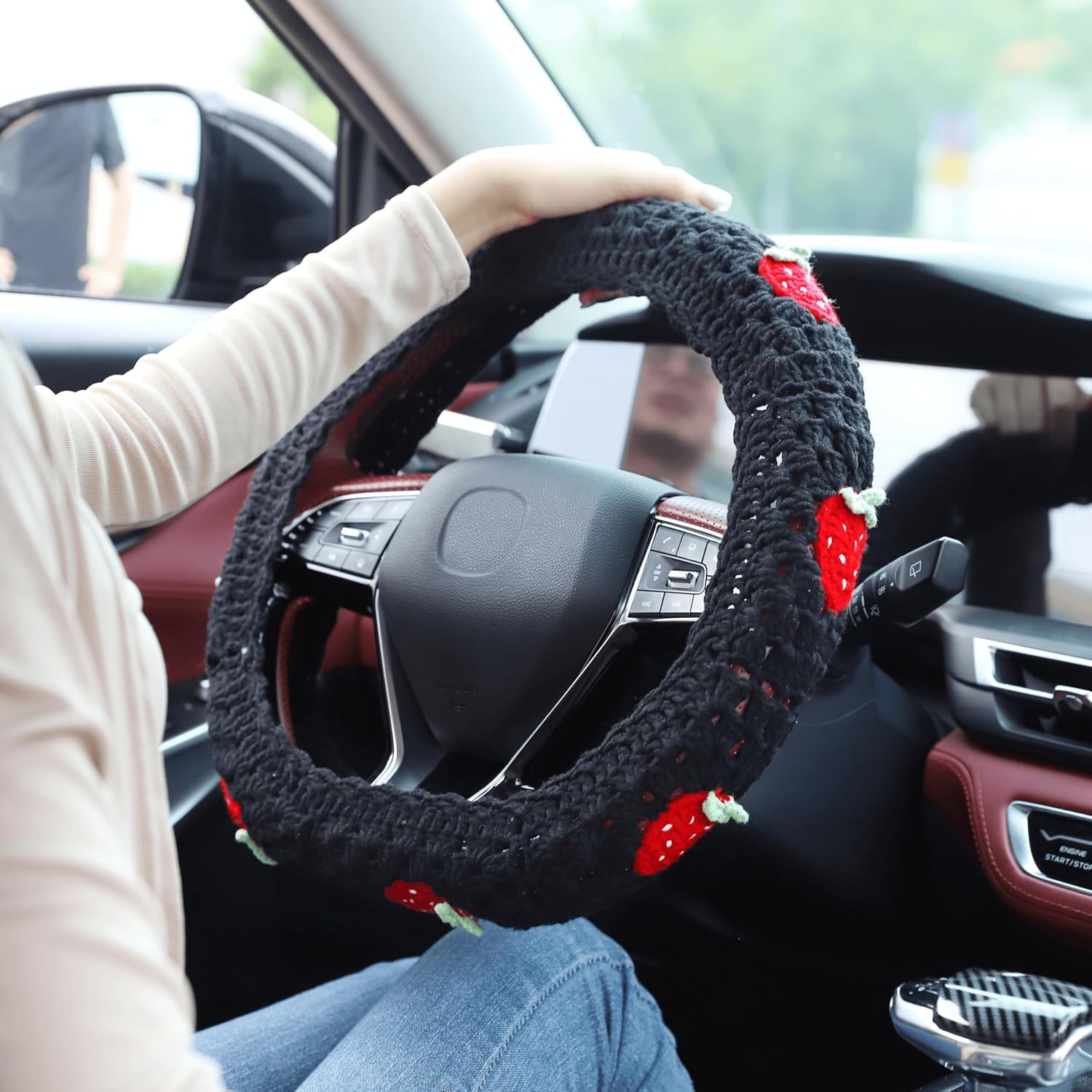 Crochet Steering Wheel Cover Set,Cute Car Steering Wheel Cover Boho 14-15in,Black Strawberry Granny Square, Hippie Car Accessories for Women(Black Strawberry Cover Set)