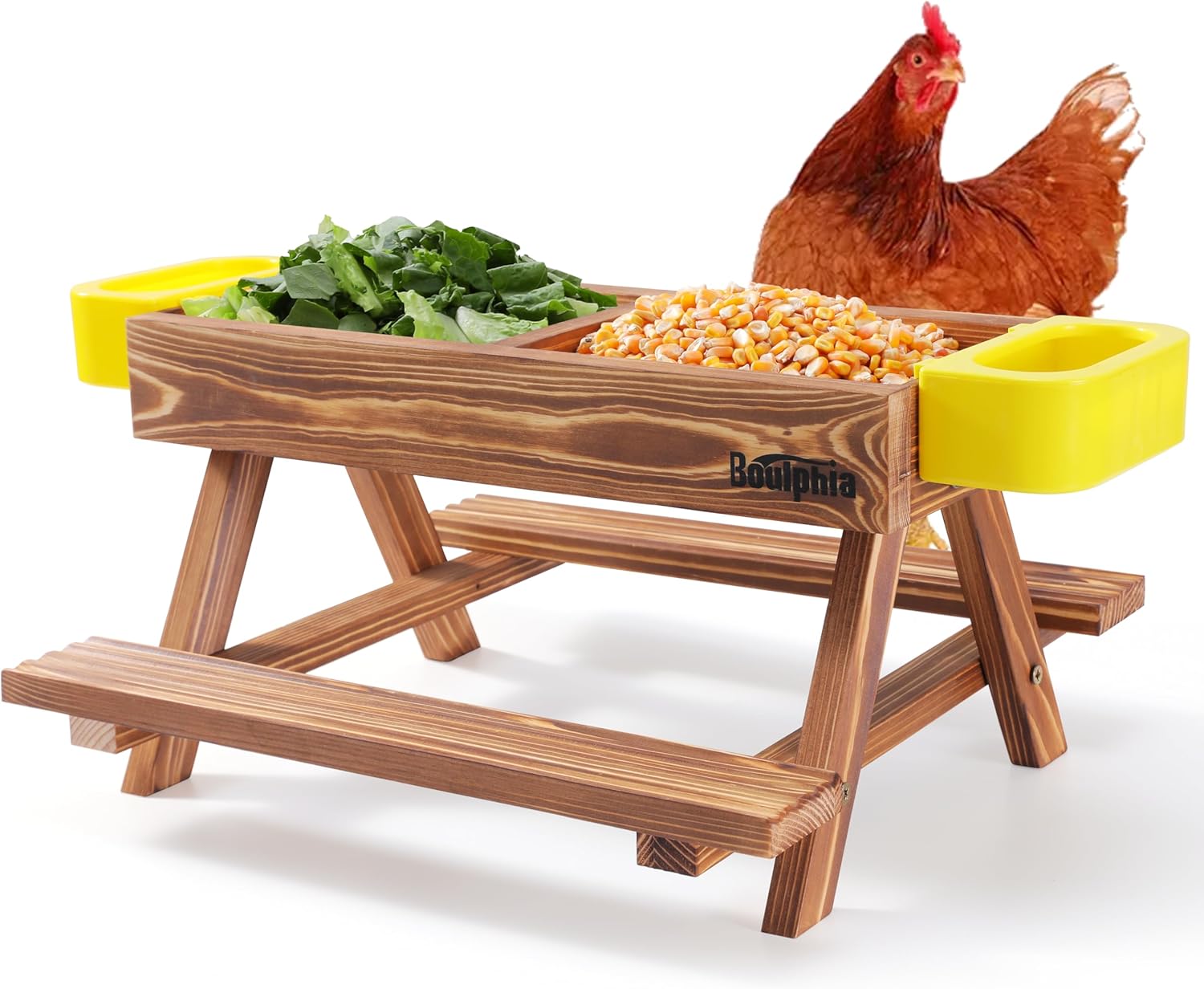 Boulphia Chicken Feeders and Waterers, Chicken Feeder No Waste Kit with Picnic Table and 2 Water Feeder, Handmade Wooden Chicken Supplies & Accessories for Chicken Coop