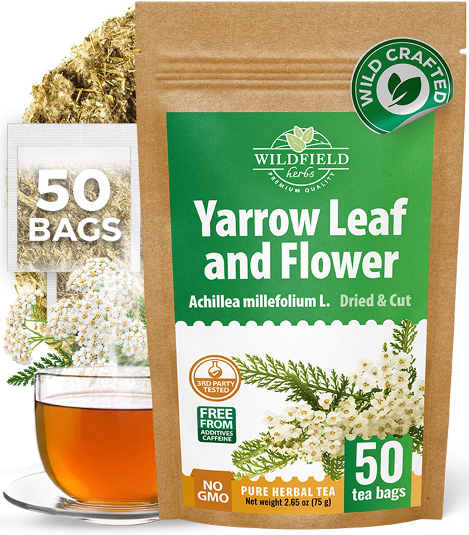 50 Bags Yarrow Herb Dried Yarrow Leaf & Flower Herbal Tea (Achillea Millefolium Tea) - 50 Count 1.5g Bags Herb Tea Milenrama Hojas