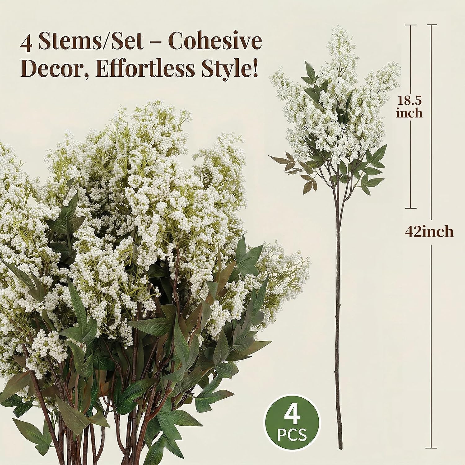 4Pcs 42" Brown Artificial Berry Stems, Realistic Faux Berry Branches & Floral Stems, Dusty Plum Burgundy Fake Stems for Vase Home Decoration, White