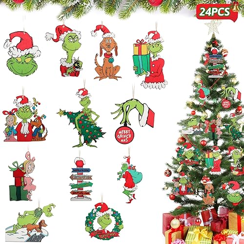 24 decoraciones para árbol de Navidad, adornos verdes de Navidad, bonitos adornos colgantes de madera para árbol de Navidad, decoración de Navidad