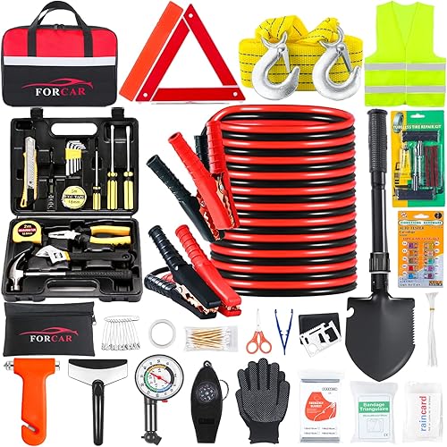 FORCAR Kit de emergencia en carretera para automóvil, kits de asistencia lateral de seguridad para vehículos con cables de puente, cuerda de