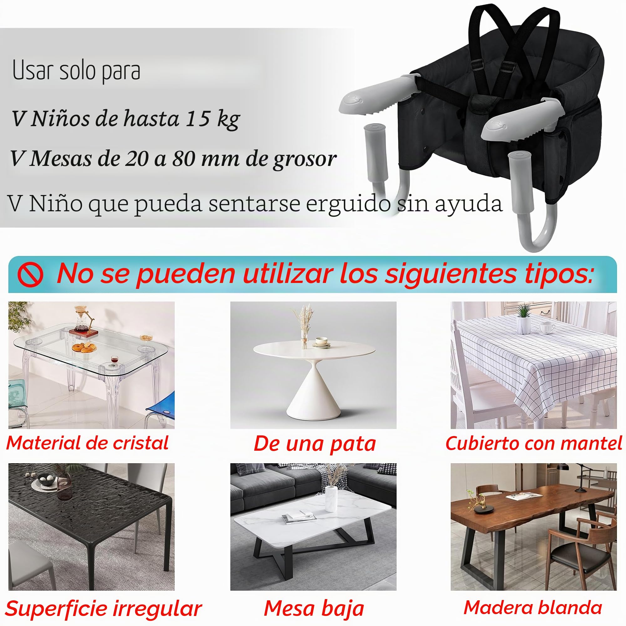 LZQ Asiento de mesa para bebé de 6 a 36 meses, silla elevadora plegable, para mesas de 2 a 8 cm de grosor, para niños, comida, silla con pinzas antideslizantes y bolsa de asiento (negro)