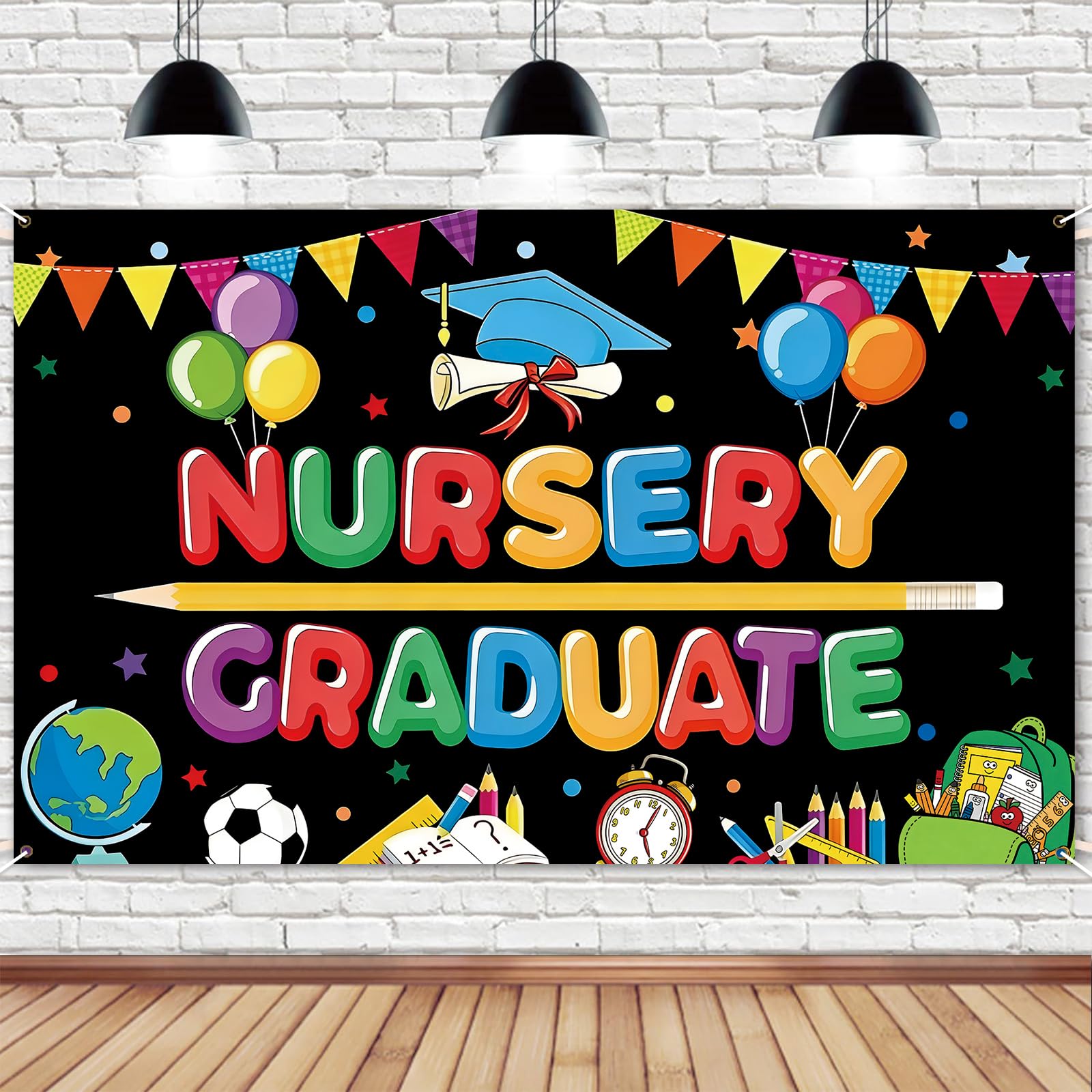 Nursery Graduate Graduation Decorations, Colorful Congratulations Banner with Balloons and Pennants, 180x110cm Photo Background for Preschool Graduation Party